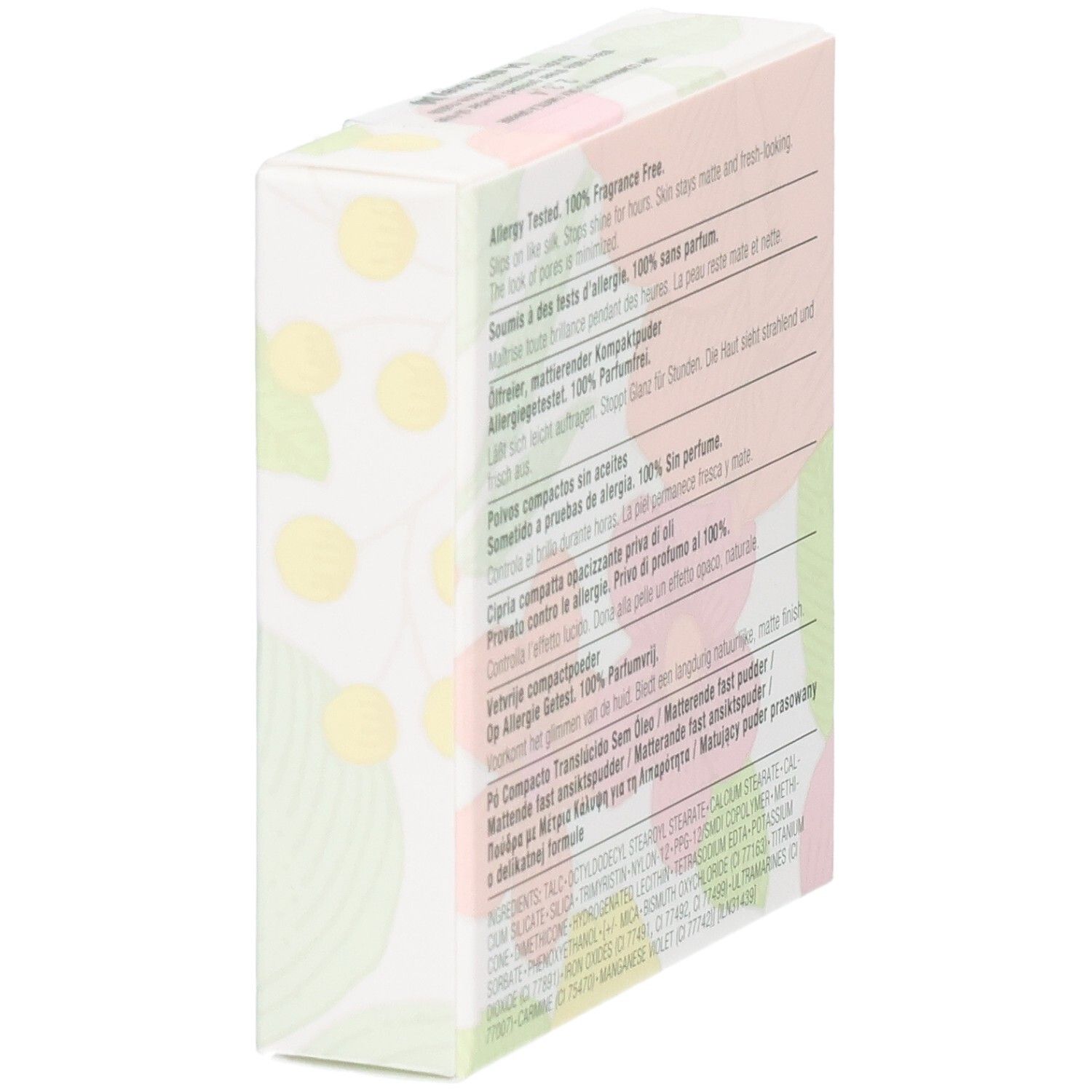 Côté de l'emballage Clinique Stay-Matte Sheer Pressed Powder avec informations produit.