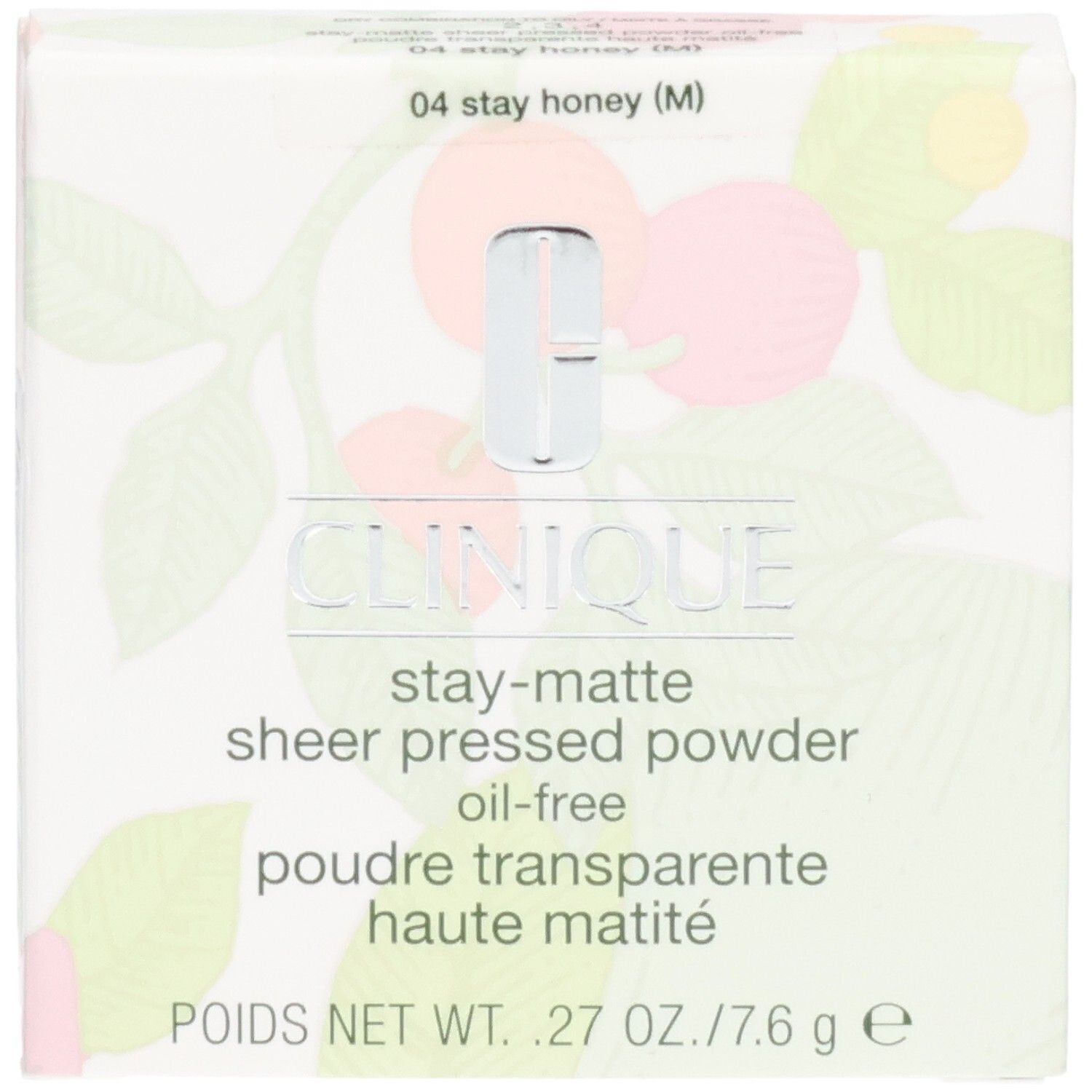 Emballage Clinique Stay-Matte Sheer Pressed Powder, teinte 04 Stay Honey.