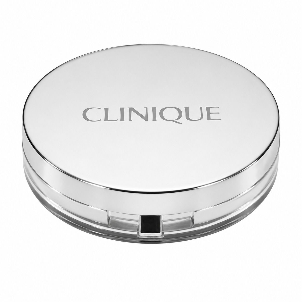 Boîte fermée de poudre Clinique Superpowder Double Face Makeup, couleur argent.