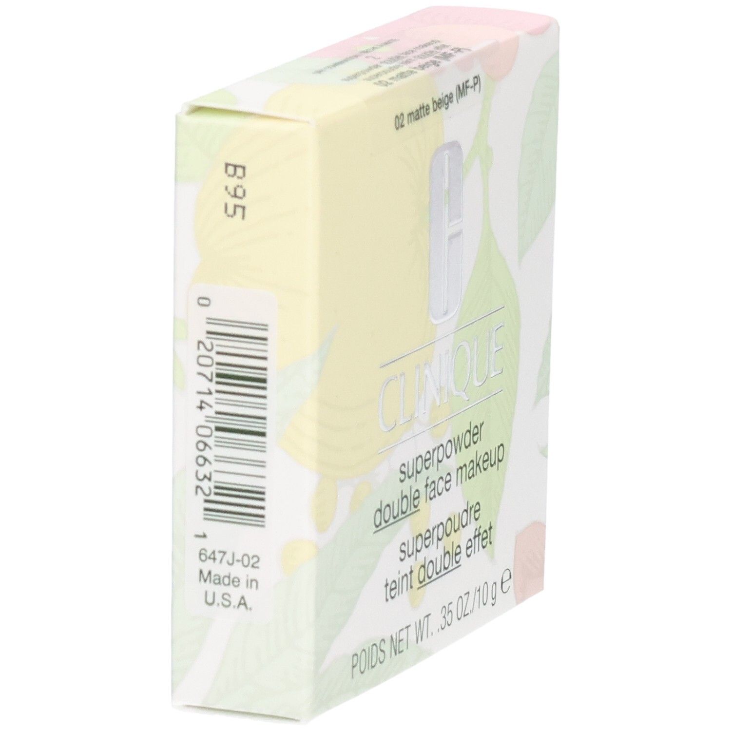 Arrière de la boîte Clinique Superpowder Double Face Makeup avec ingrédients et certifications.