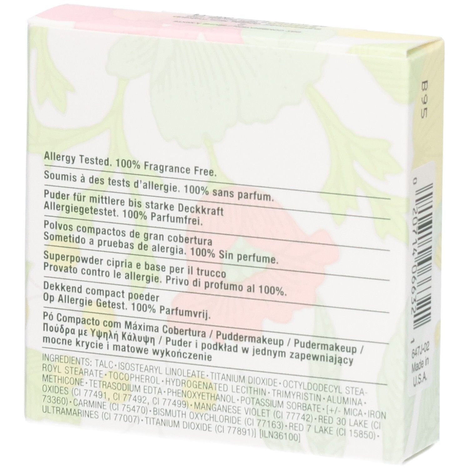 Côté de la boîte Clinique Superpowder Double Face Makeup avec code-barres et pays de fabrication.