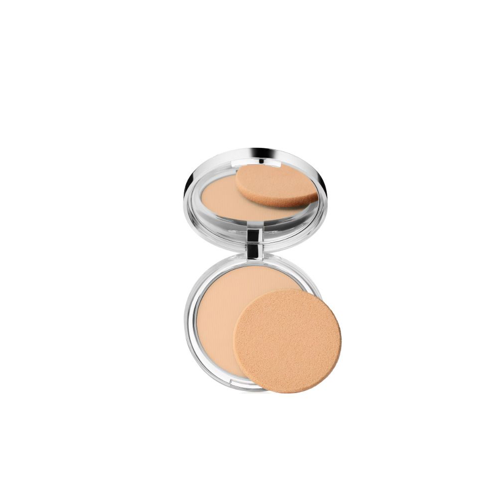 Boîte ouverte de poudre Clinique Superpowder Double Face Makeup avec miroir et applicateur.