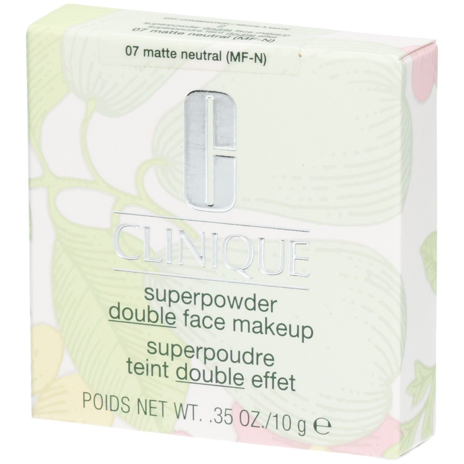 Boîte Clinique Superpowder Matte Neutra avec motif floral. Contient 10g.