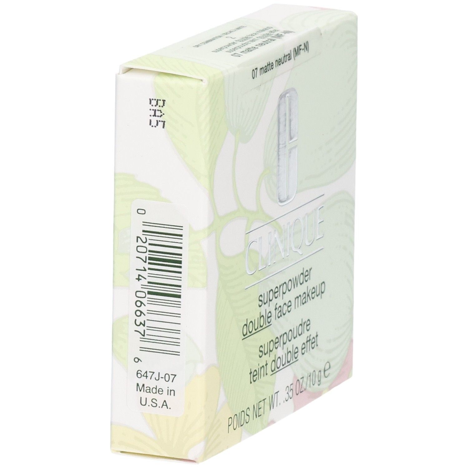 Boîte Clinique Superpowder Matte Neutra, côté avec code-barres et pays de fabrication USA.