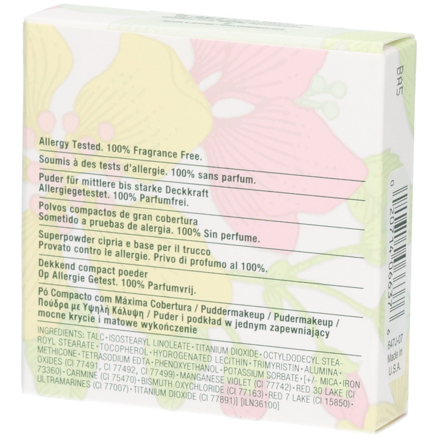 Dos de la boîte Clinique Superpowder Matte Neutra avec ingrédients et informations sur les allergies.