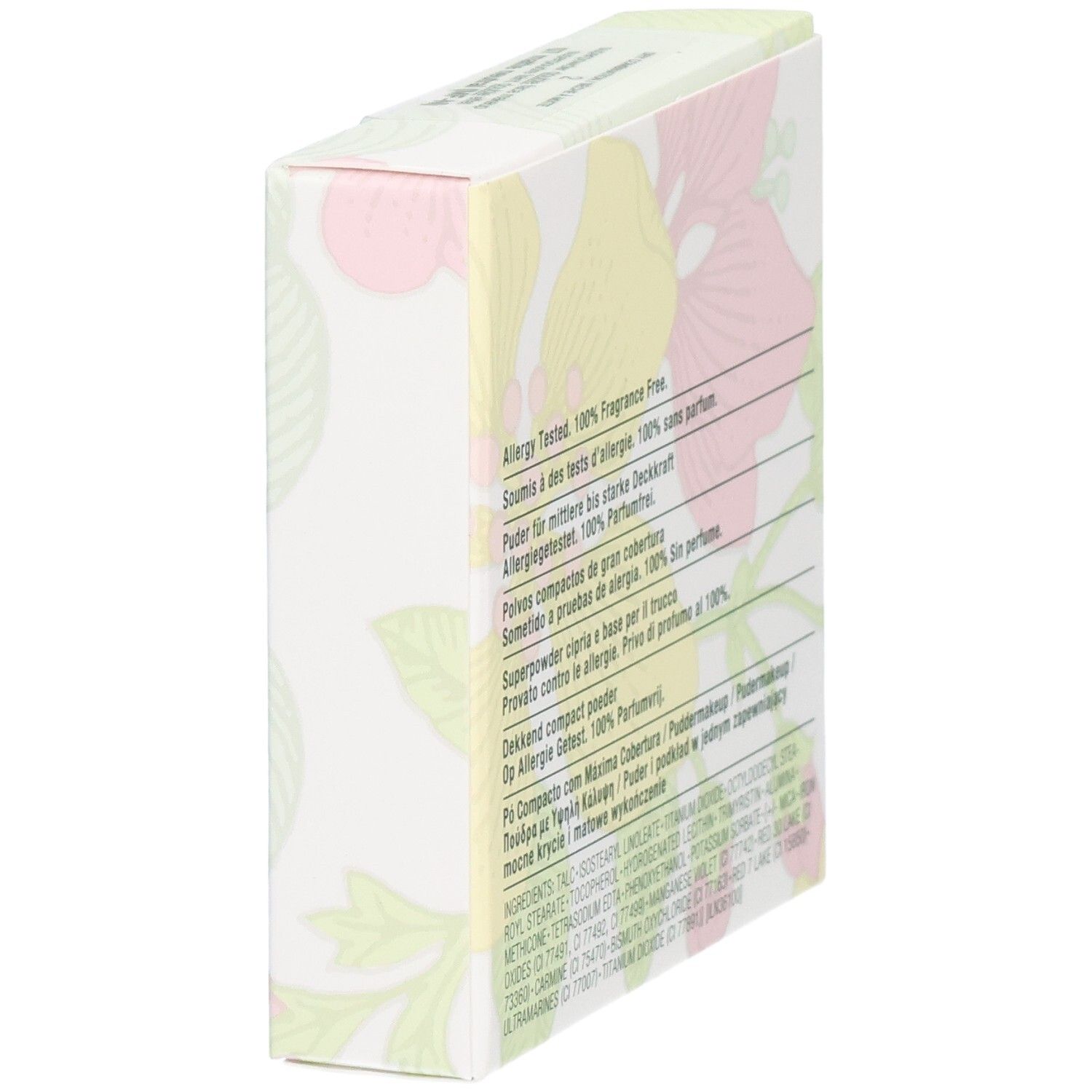 Côté de la boîte Clinique Superpowder Matte Neutra avec motif floral et informations produit.