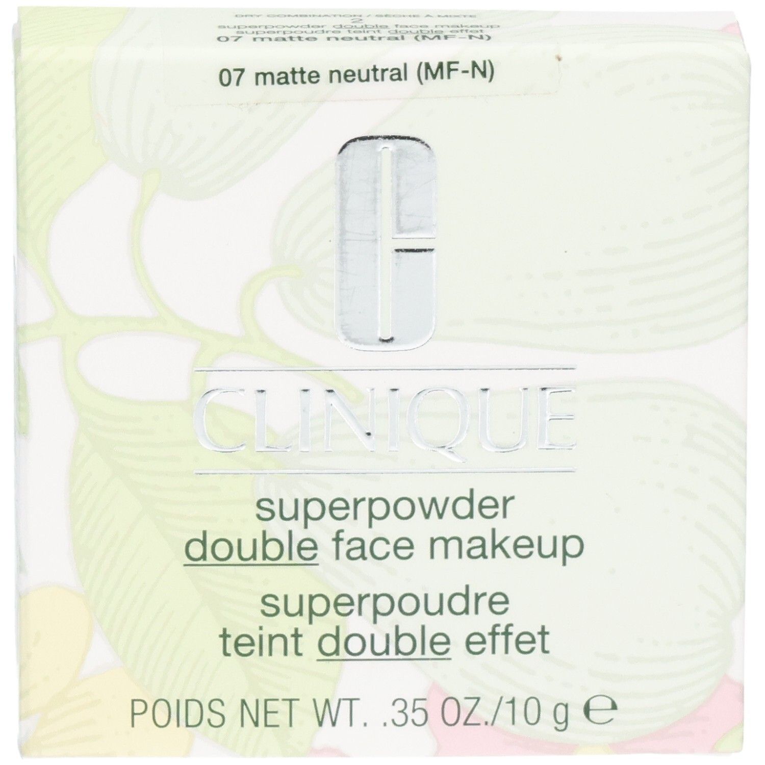 Boîte Clinique Superpowder Matte Neutra avec motif floral. Contient 10g.