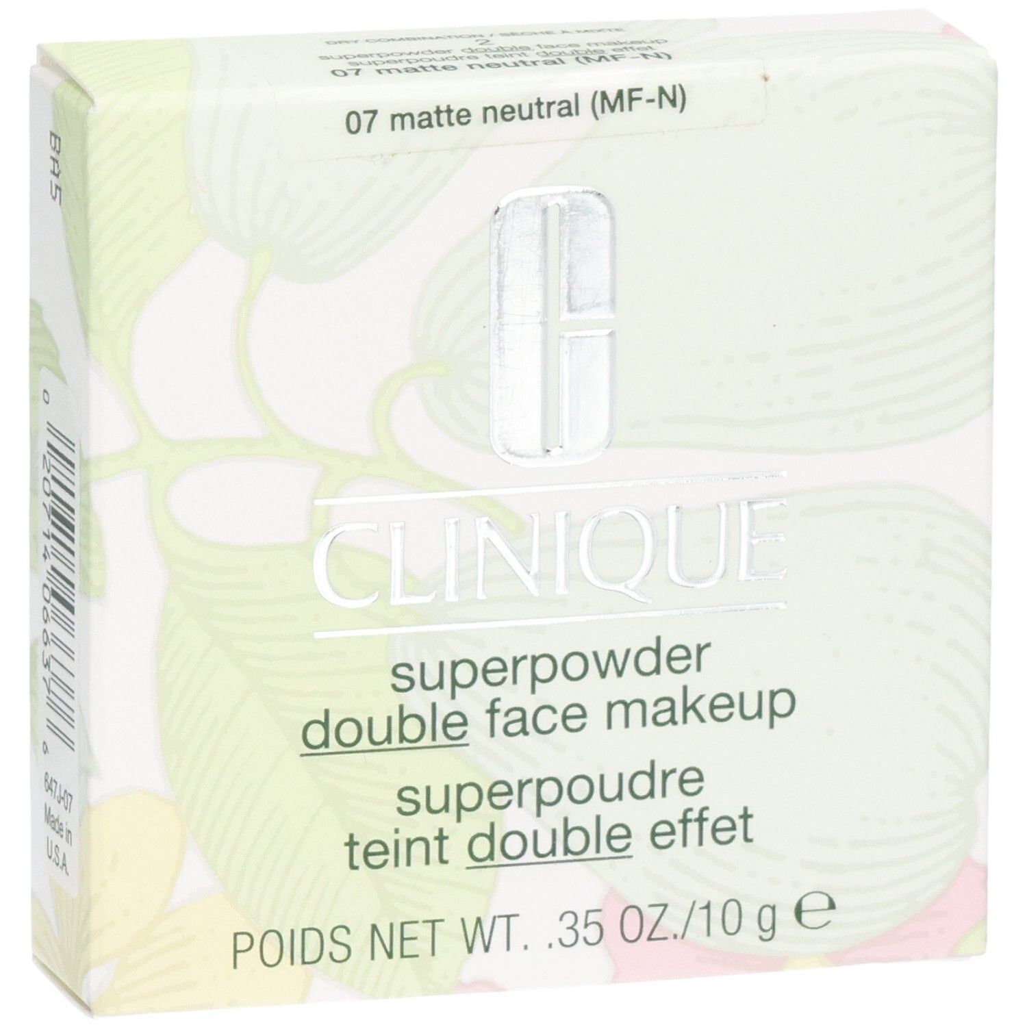 Boîte Clinique Superpowder Matte Neutra avec motif floral. Contient 10g.