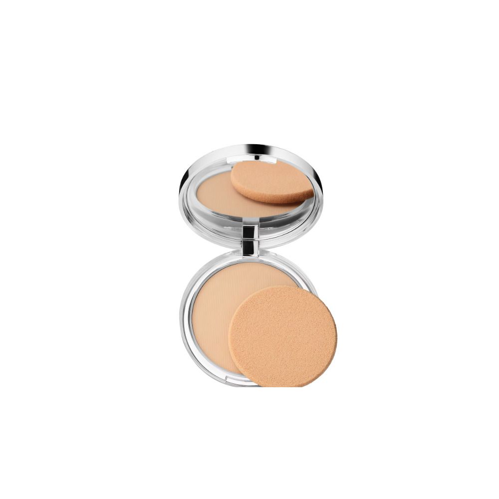 Clinique Superpowder Matte Neutra, boîte à poudre ouverte avec miroir et deux houppettes.