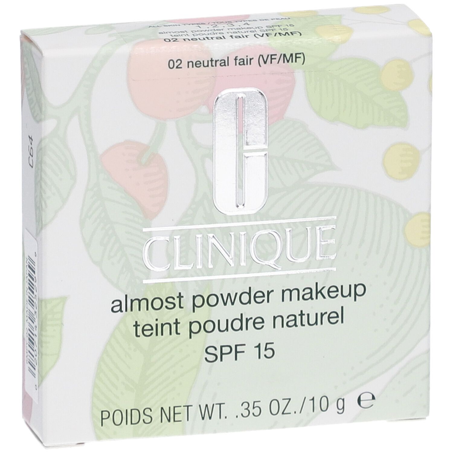 Boîte de maquillage Clinique, "02 neutral fair", SPF 15, avec code-barres.