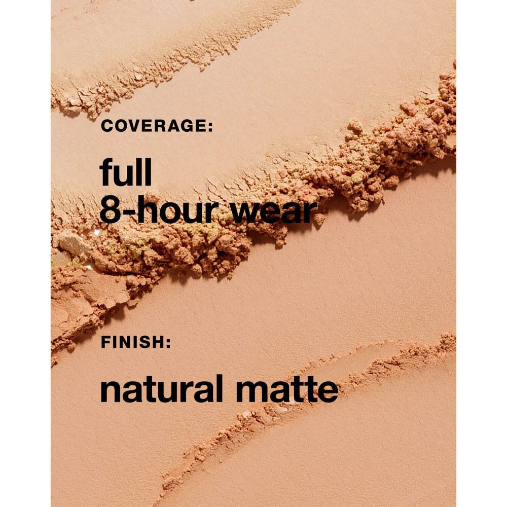 Texture de poudre. Tas de poudre en différentes teintes. Texte : 'full 8-hour wear'.