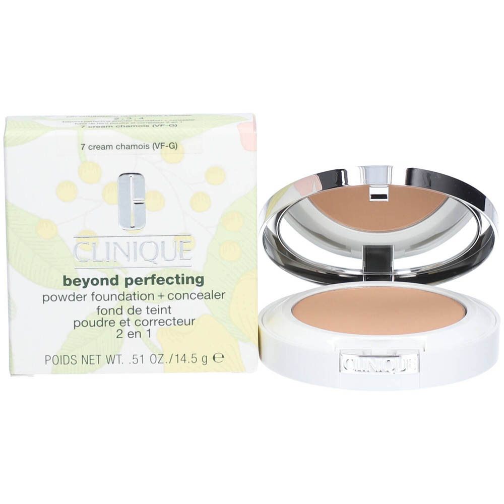 Poudre compacte et emballage. Étui à poudre blanc avec miroir. Emballage avec nom et marque du produit.