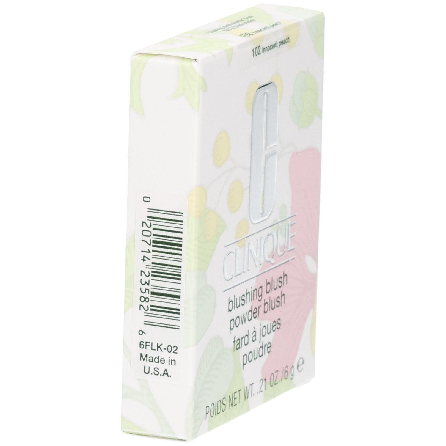 Boîte Clinique Blushing Blush, dos avec code-barres et informations produit. 6g.
