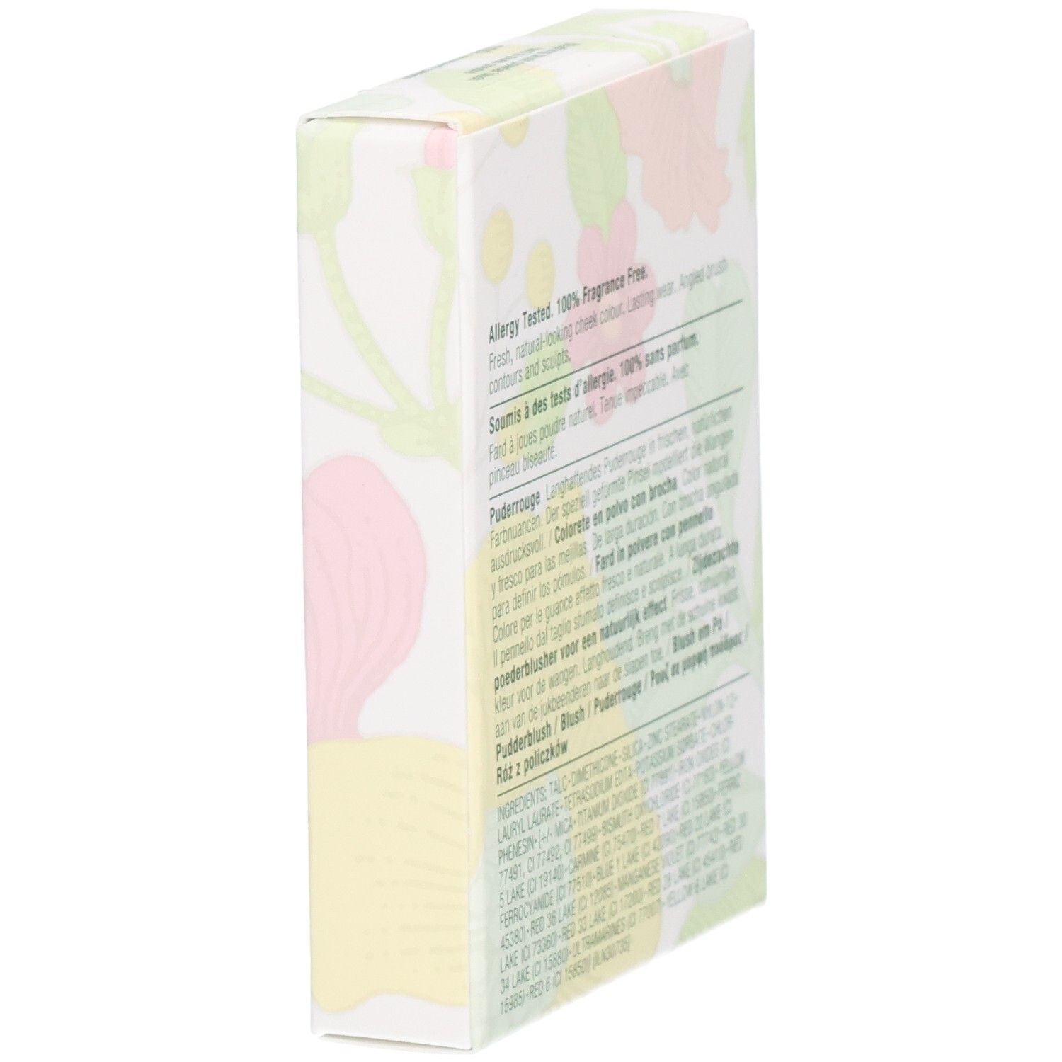 Boîte Clinique Blushing Blush, vue de côté avec motif floral. 6g.