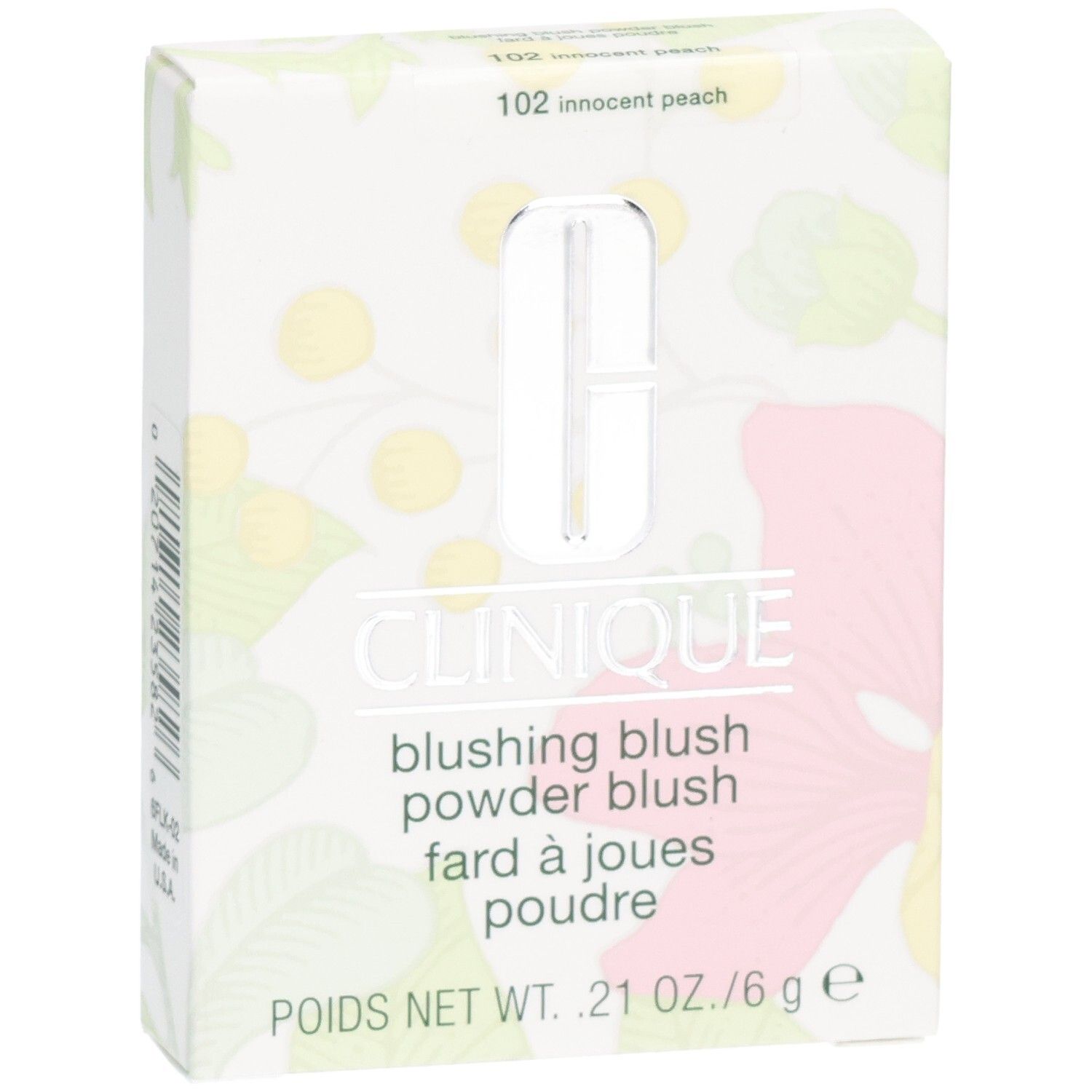 Boîte Clinique Blushing Blush, avant avec motif floral et informations produit. 6g.
