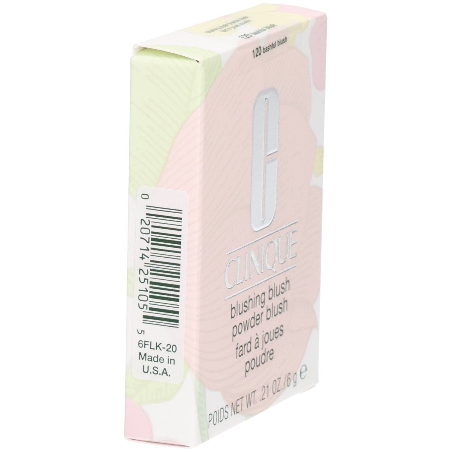 Clinique Blushing Blush Poudre Blush, teinte 120 Bashful Blush, 6g, dos avec code-barres.
