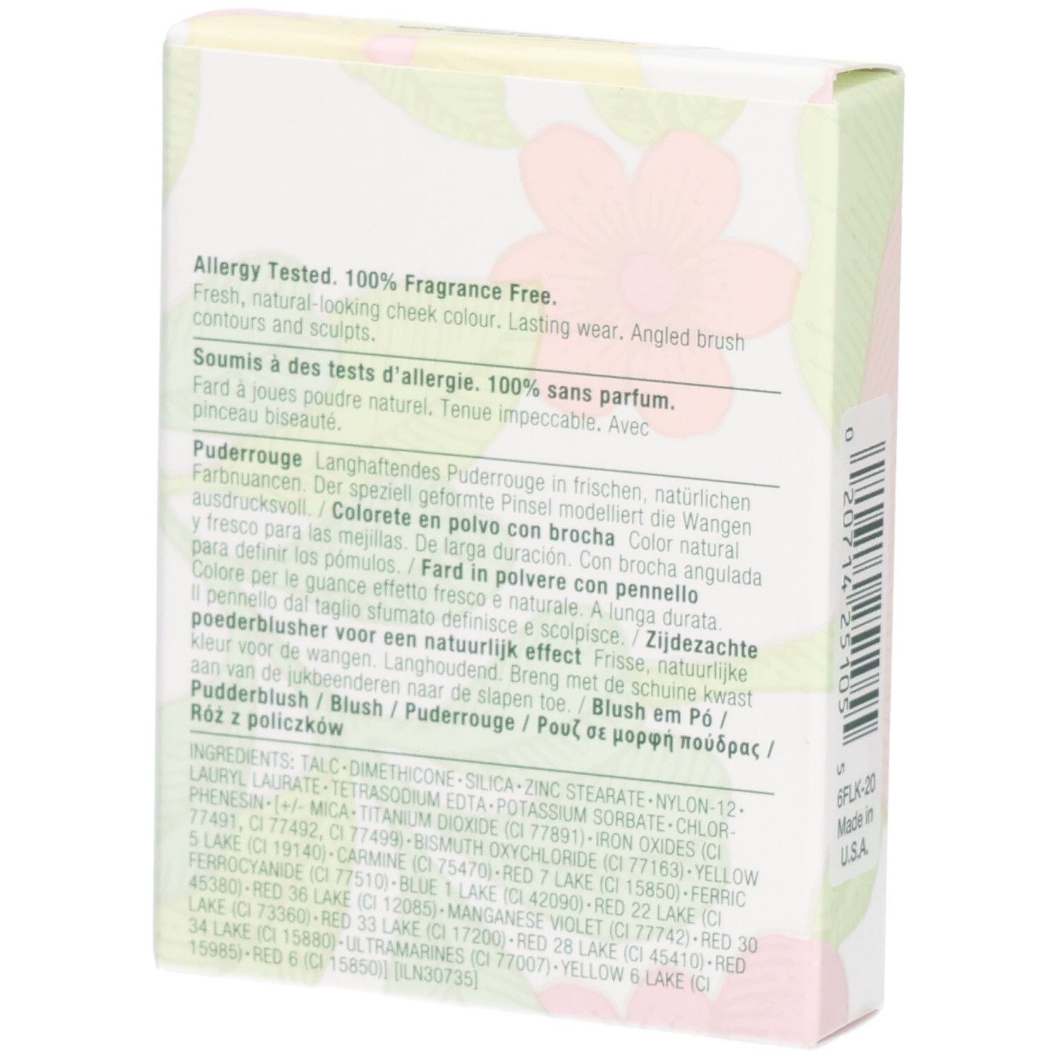Clinique Blushing Blush Poudre Blush, teinte 120 Bashful Blush, 6g, vue latérale avec ingrédients.