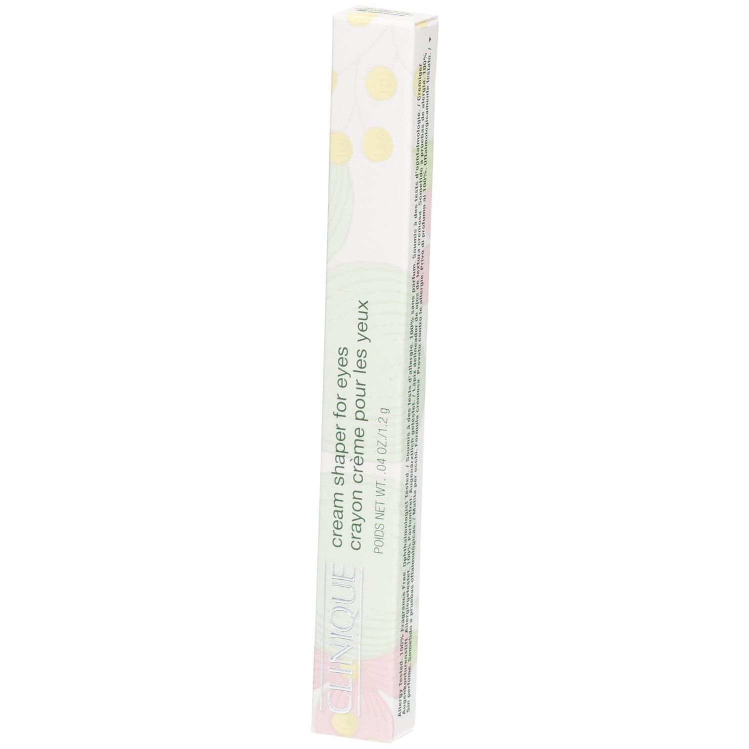 Emballage Clinique Cream Shaper for Eyes, long, blanc avec motif floral.