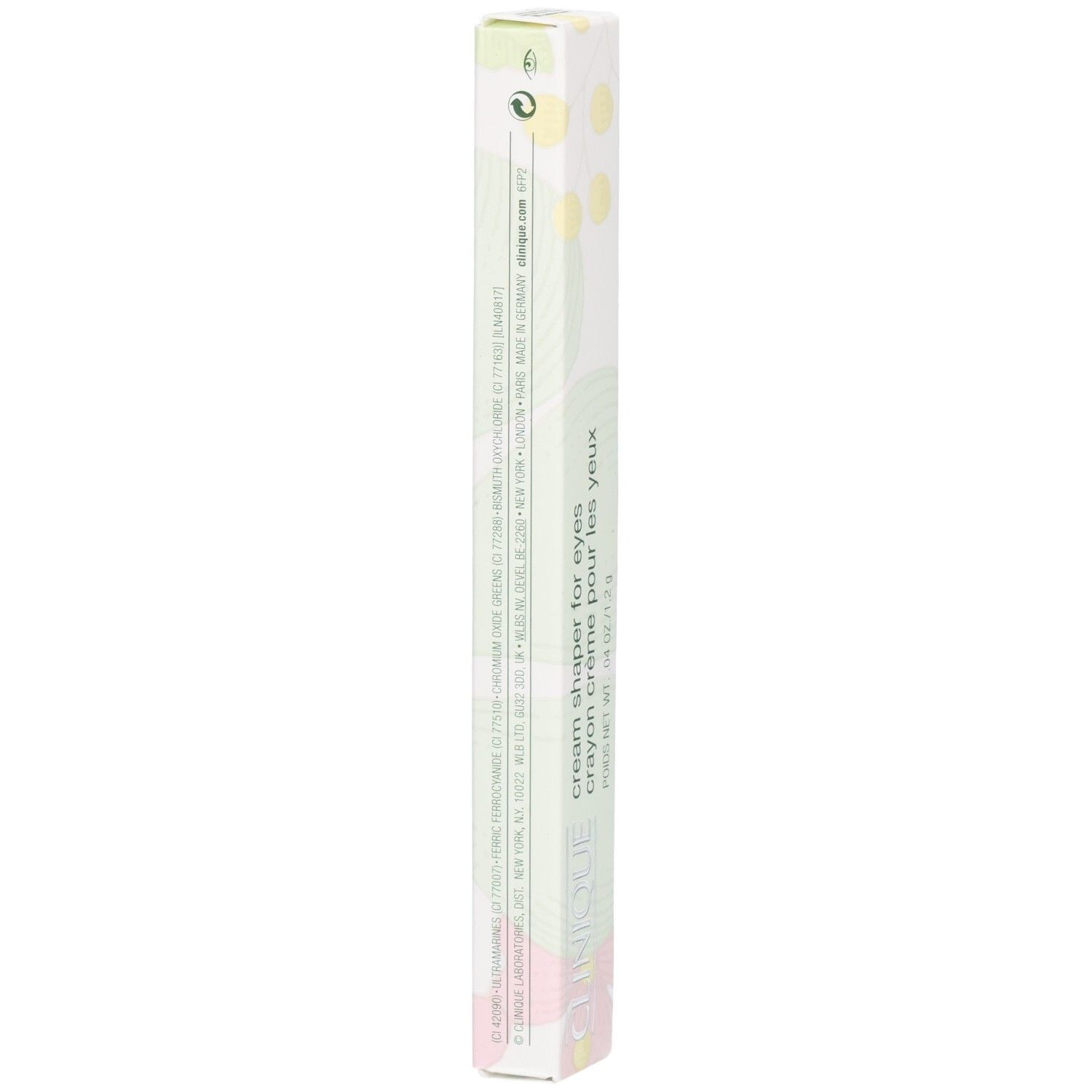 Emballage Clinique Cream Shaper for Eyes, long, blanc avec motif floral et texte.