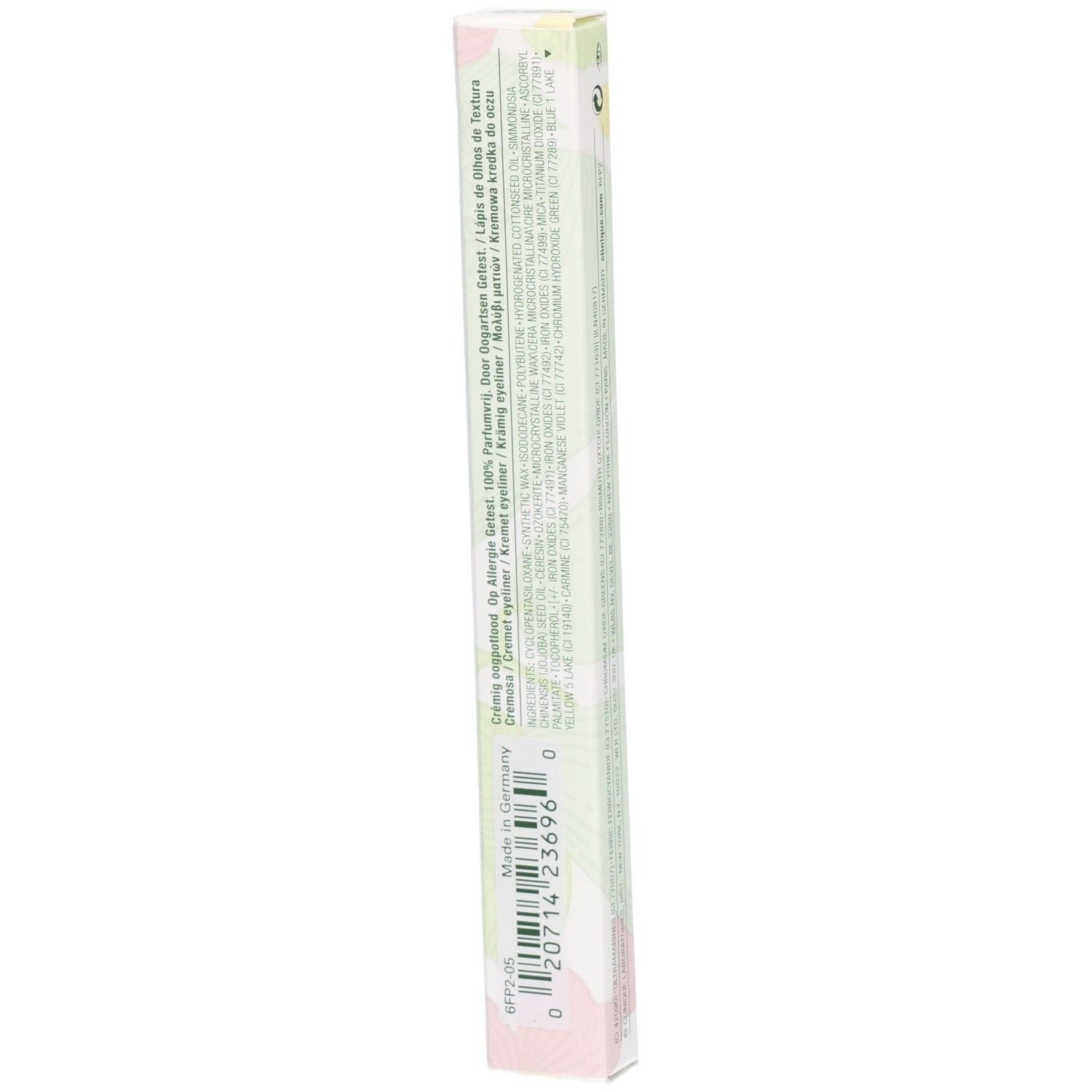 Emballage Clinique Cream Shaper for Eyes, long, blanc avec motif floral et texte.