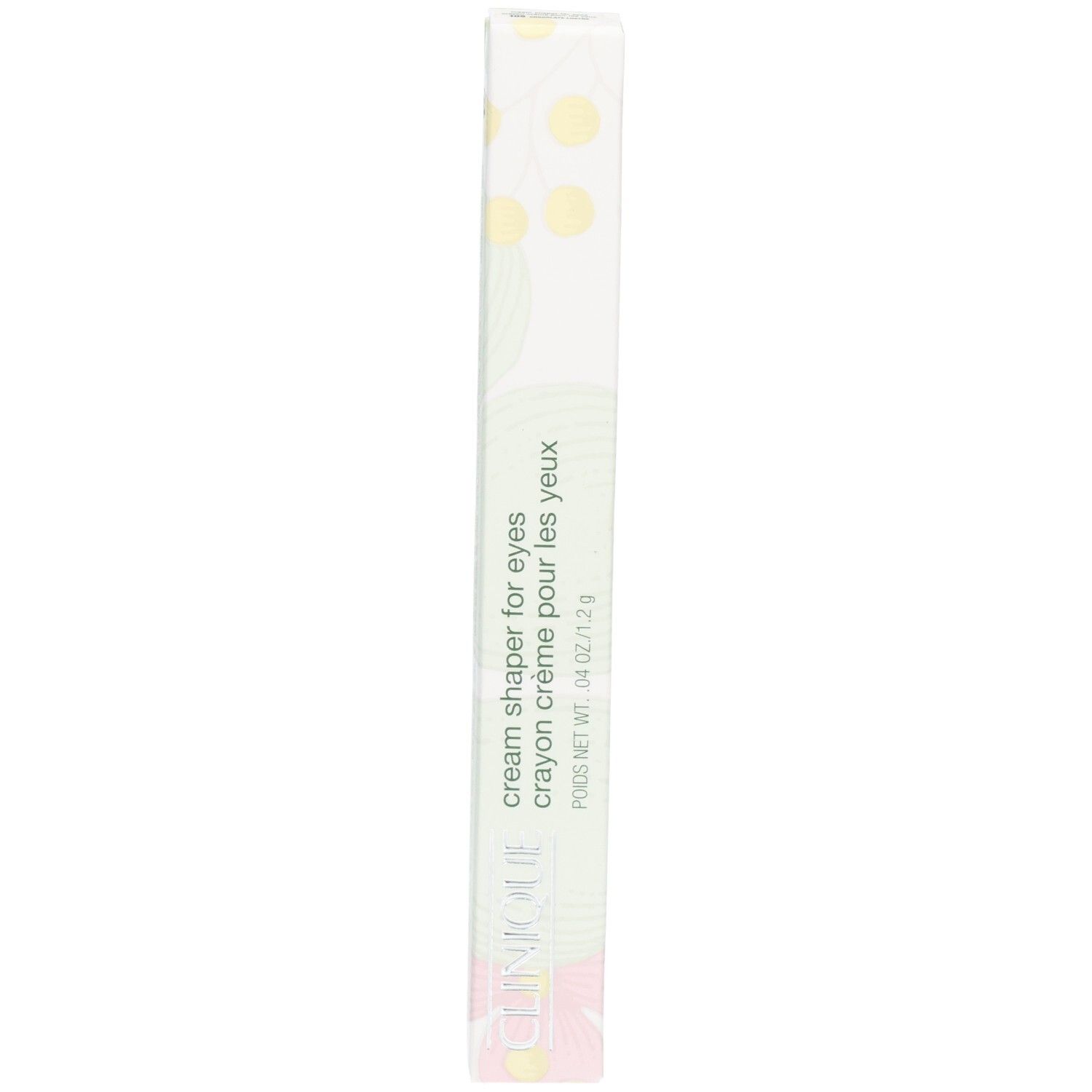 Emballage Clinique Cream Shaper for Eyes, long, blanc avec motif floral.
