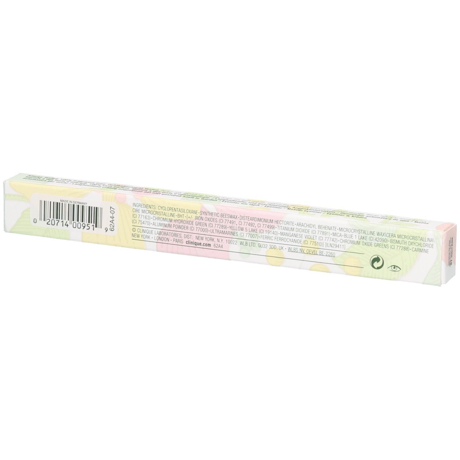Arrière de l'emballage du crayon pour les yeux Clinique Quickliner for Eyes avec ingrédients.