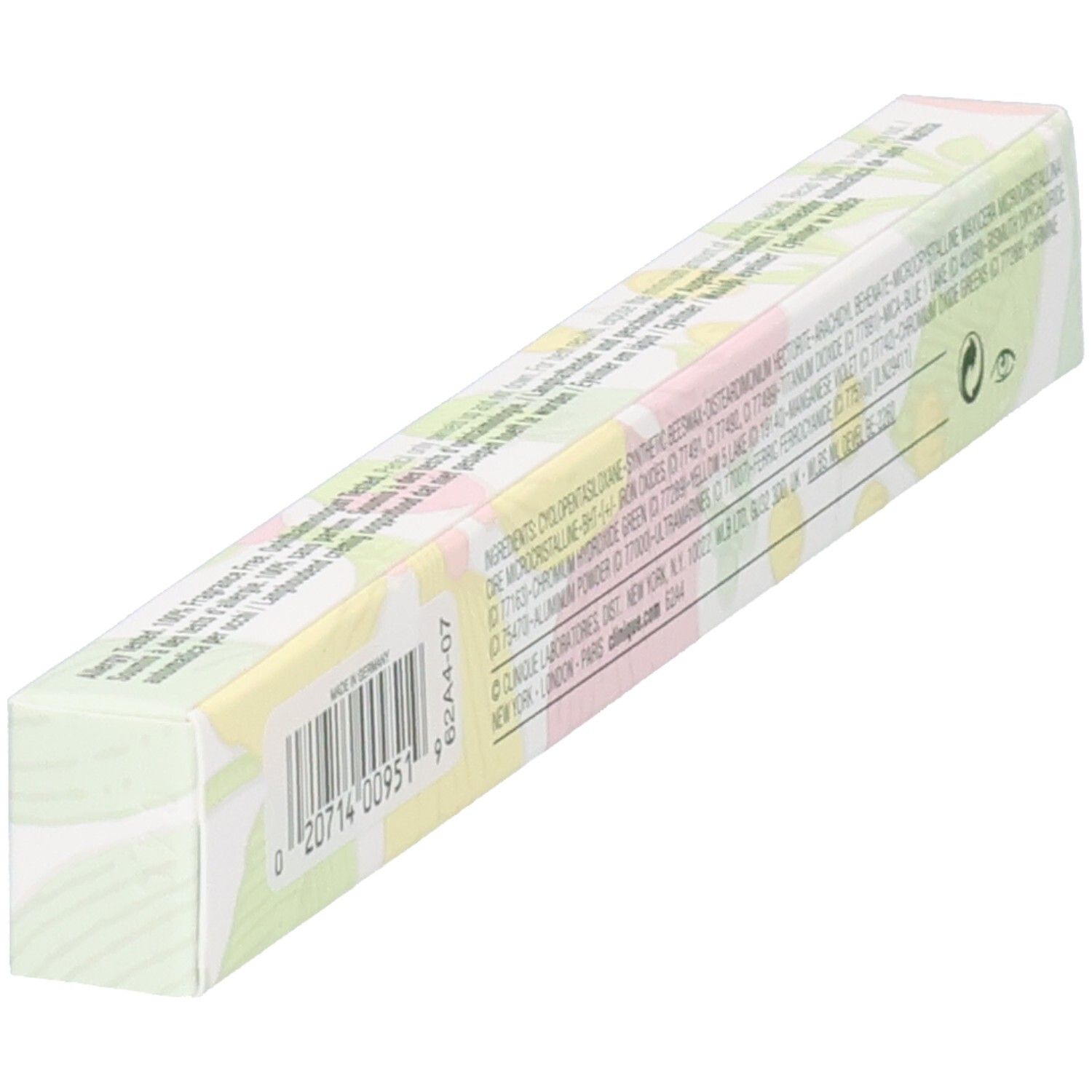 Côté de l'emballage du crayon pour les yeux Clinique Quickliner for Eyes avec code-barres et ingrédients.