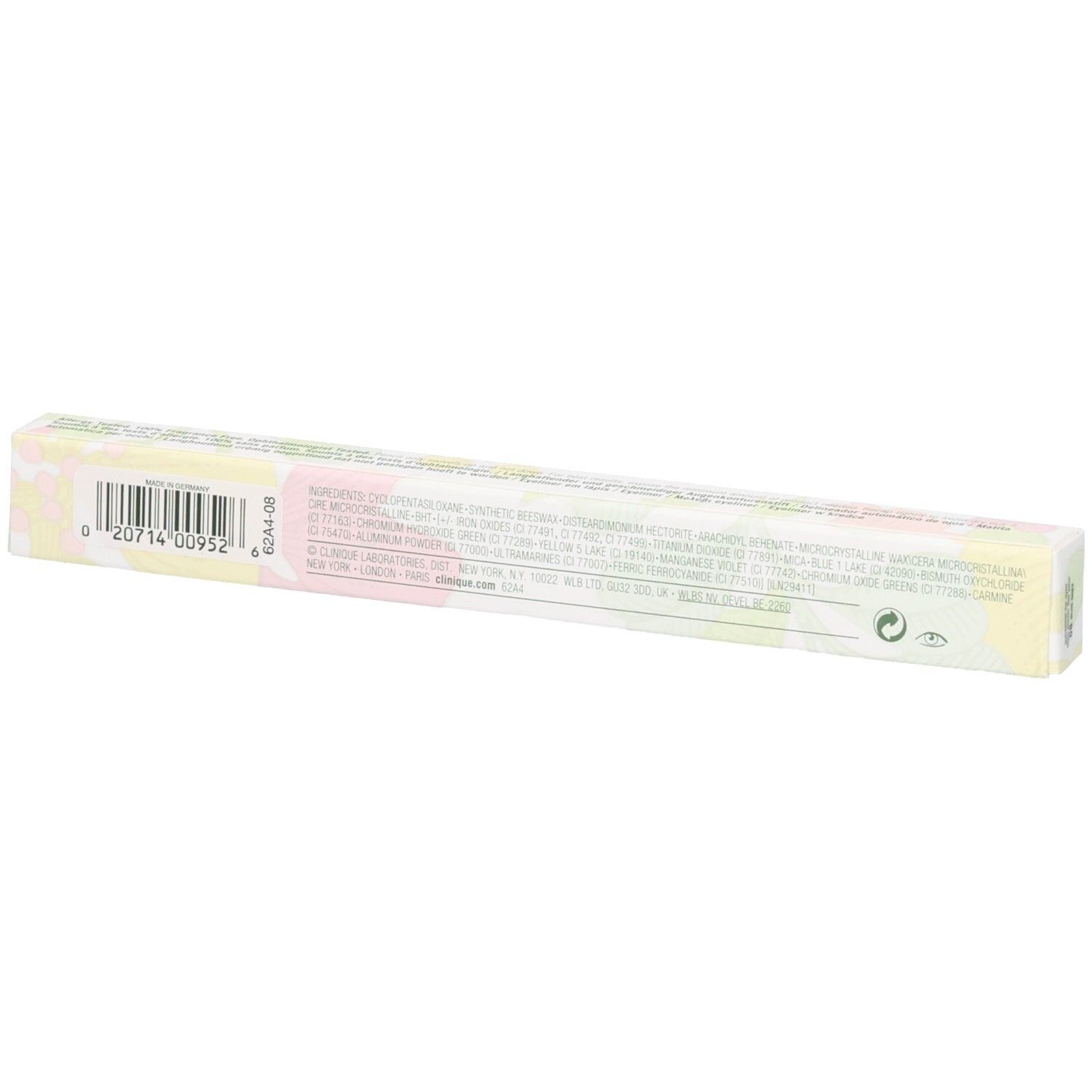 Arrière de l'emballage Clinique Quickliner for Eyes avec code-barres et ingrédients.