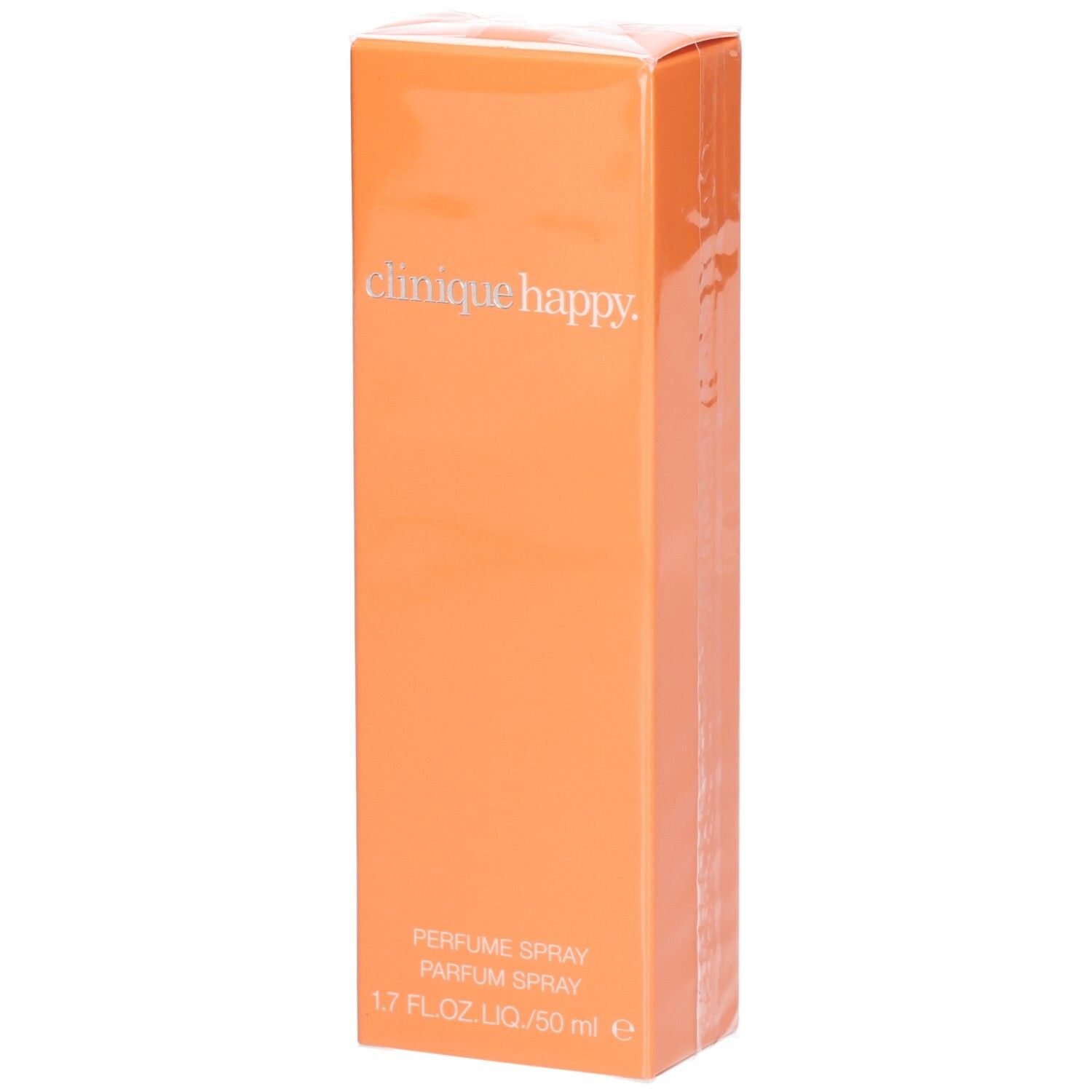 Boîte orange avec "clinique happy". Texte: Parfum Spray, 1.7 fl.oz. LIQ./50 ml e. Emballage plastique.