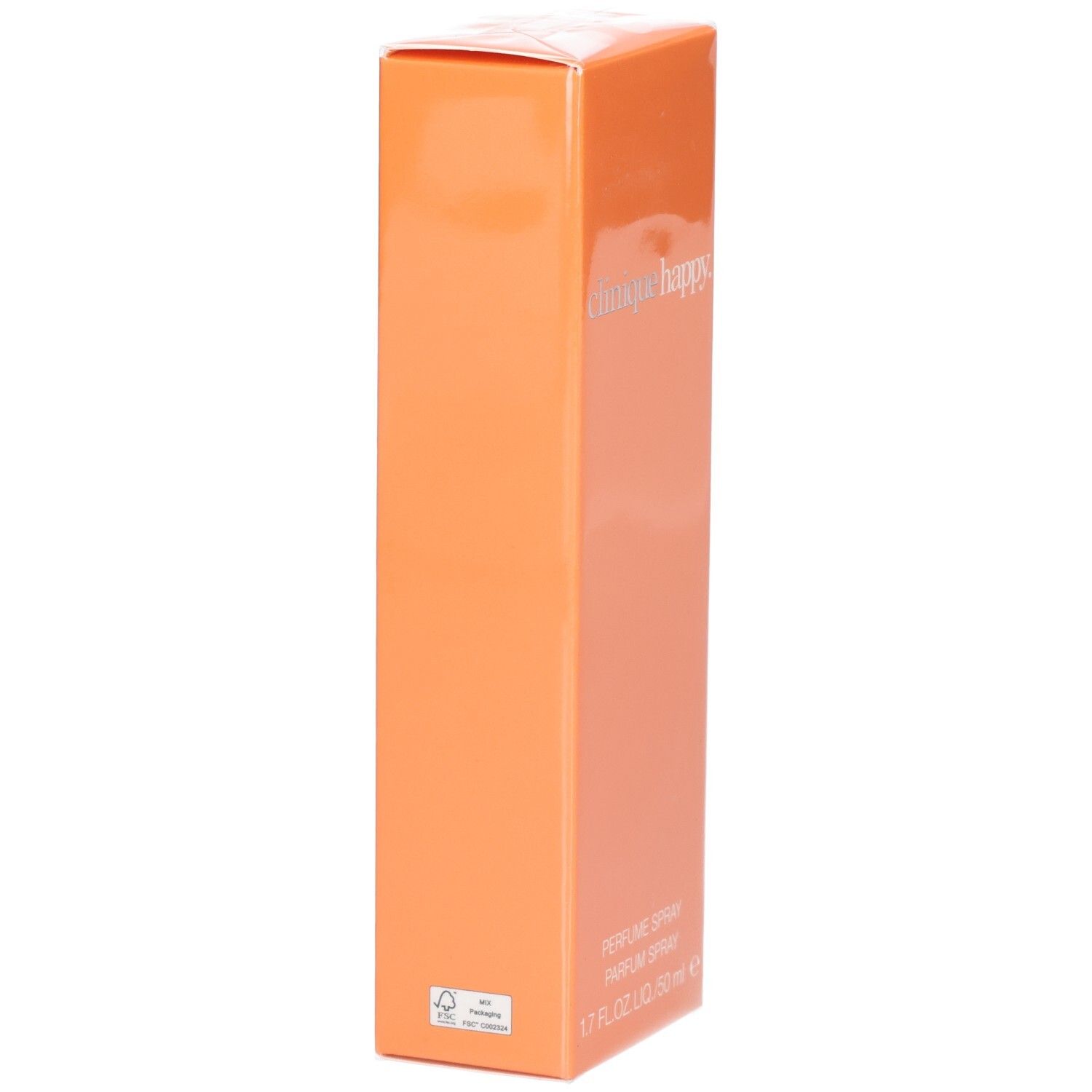 Boîte orange. Texte: Parfum Spray, 1.7 fl.oz. LIQ./50 ml e. Logo FSC.
