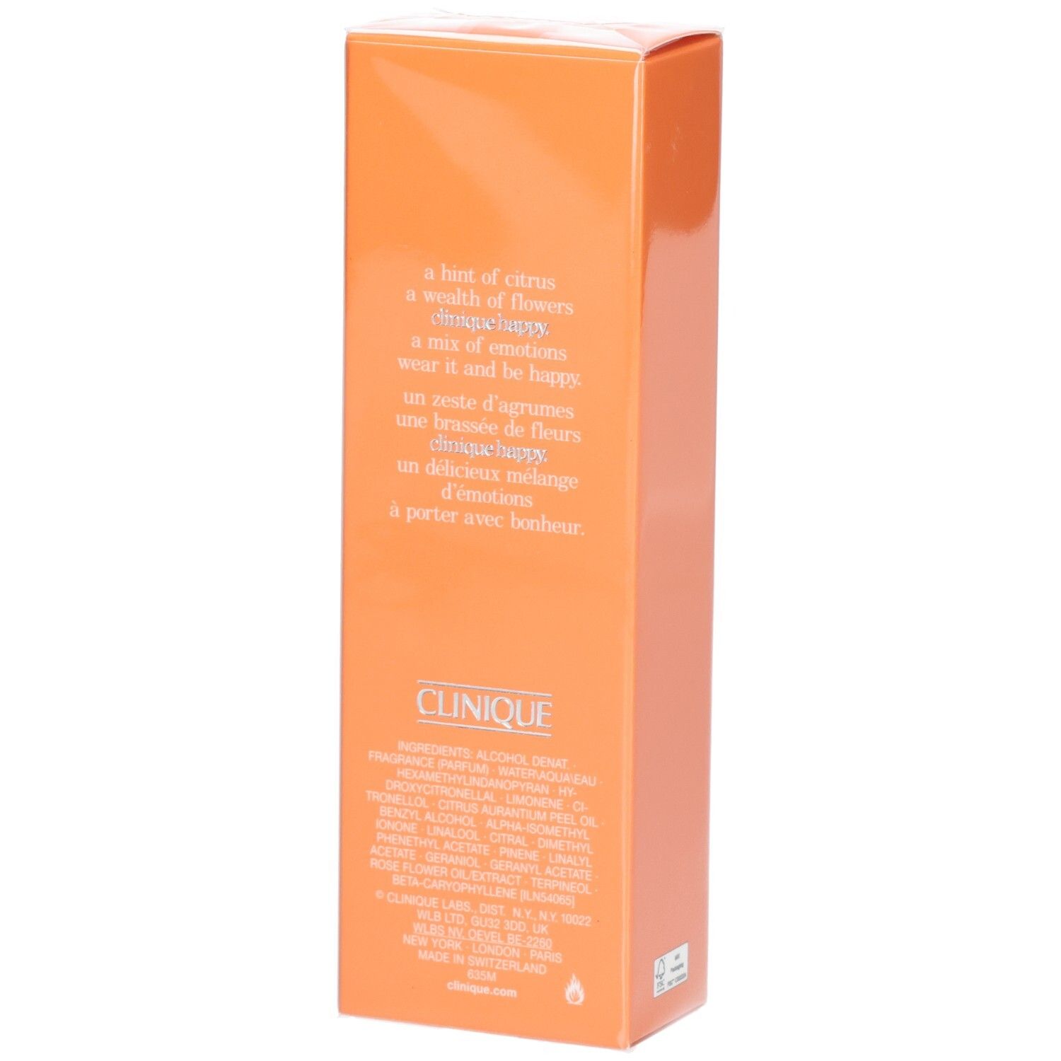 Boîte orange avec texte. Ingrédients et description. Marque: Clinique.
