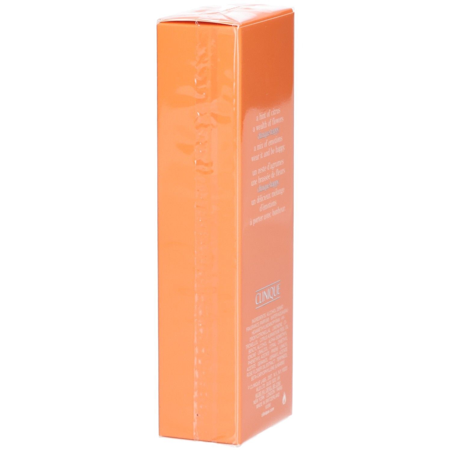 Boîte orange avec texte. Ingrédients et description. Marque: Clinique.