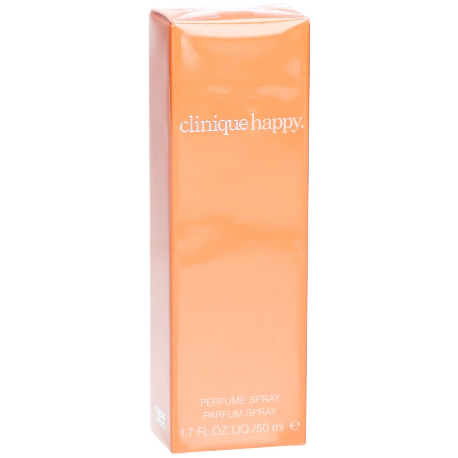 Boîte orange avec "clinique happy". Texte: Parfum Spray, 1.7 fl.oz. LIQ./50 ml e.