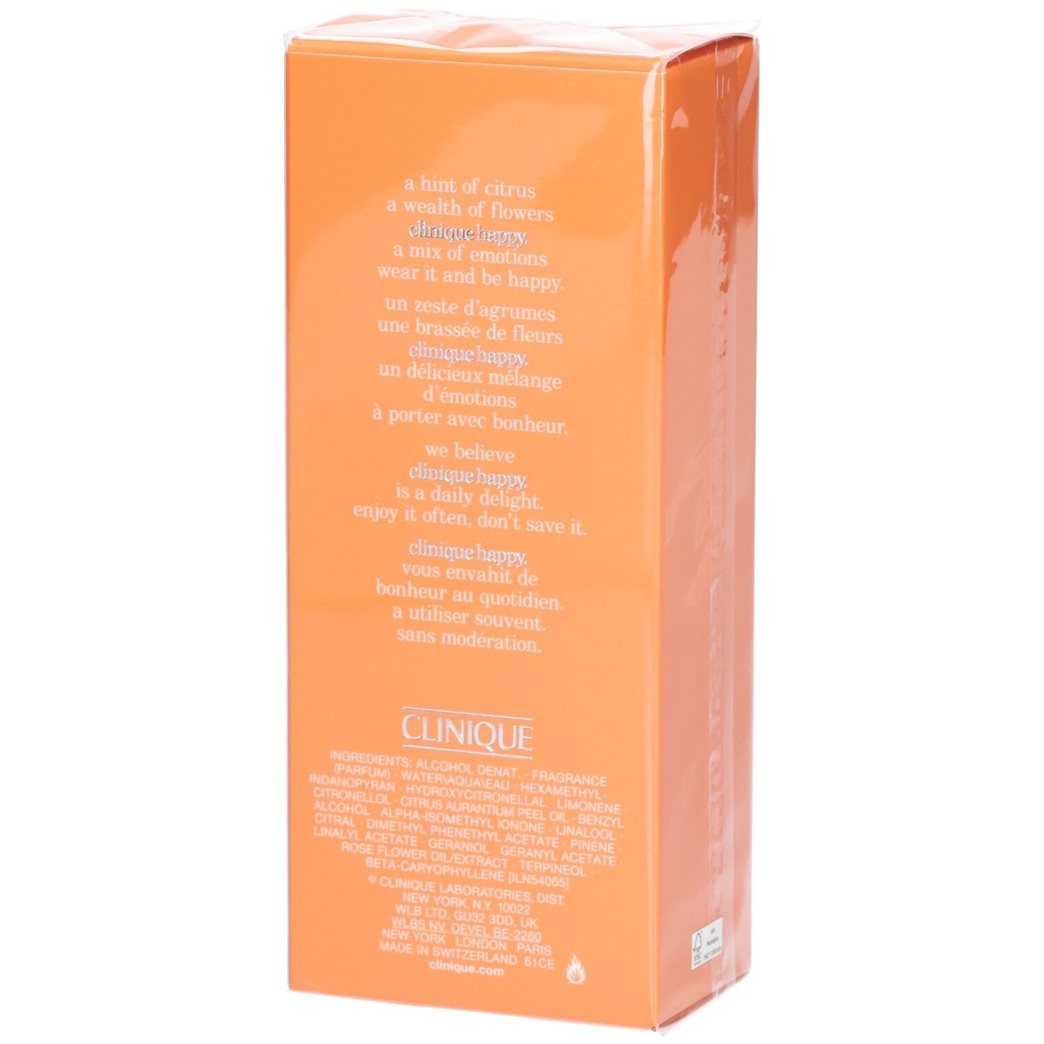 Dos de la boîte orange avec texte. Contient ingrédients et description du produit.