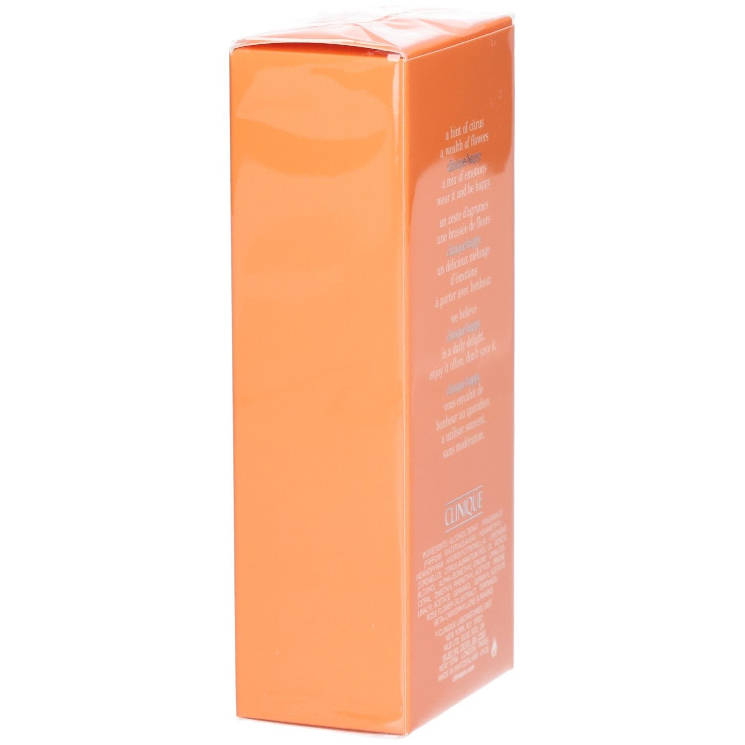 Vue latérale de la boîte orange avec texte. Contient la description du produit.