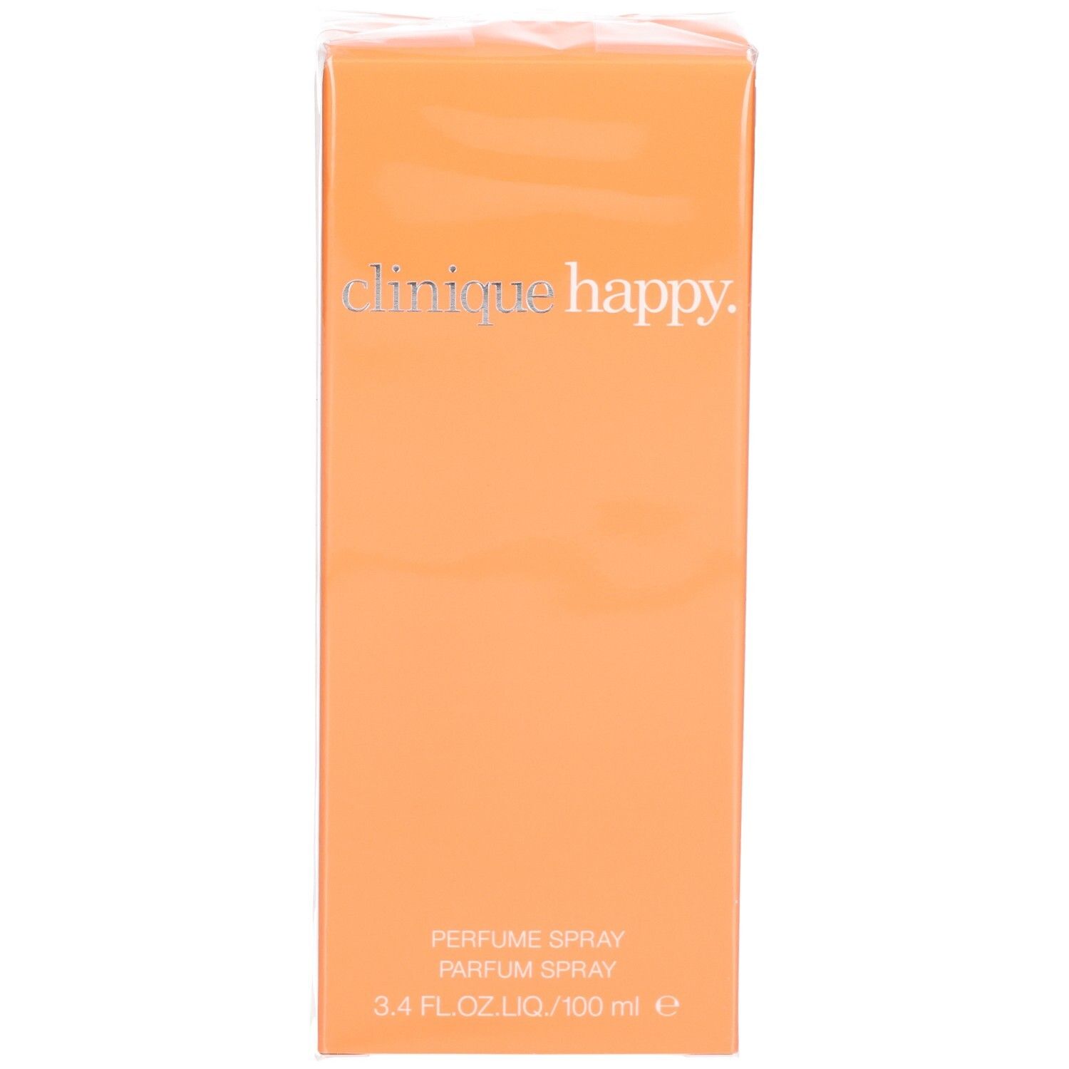Boîte orange avec texte argenté "clinique happy". En bas, "PERFUME SPRAY".