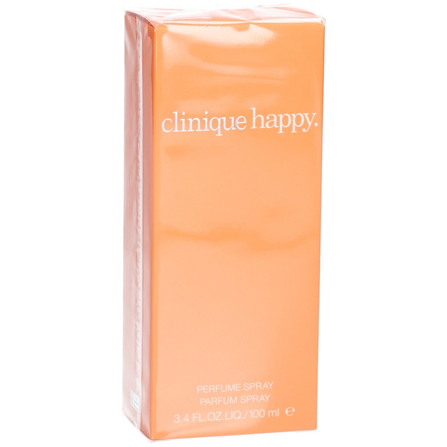 Boîte orange avec texte argenté "clinique happy". Emballée dans du film.