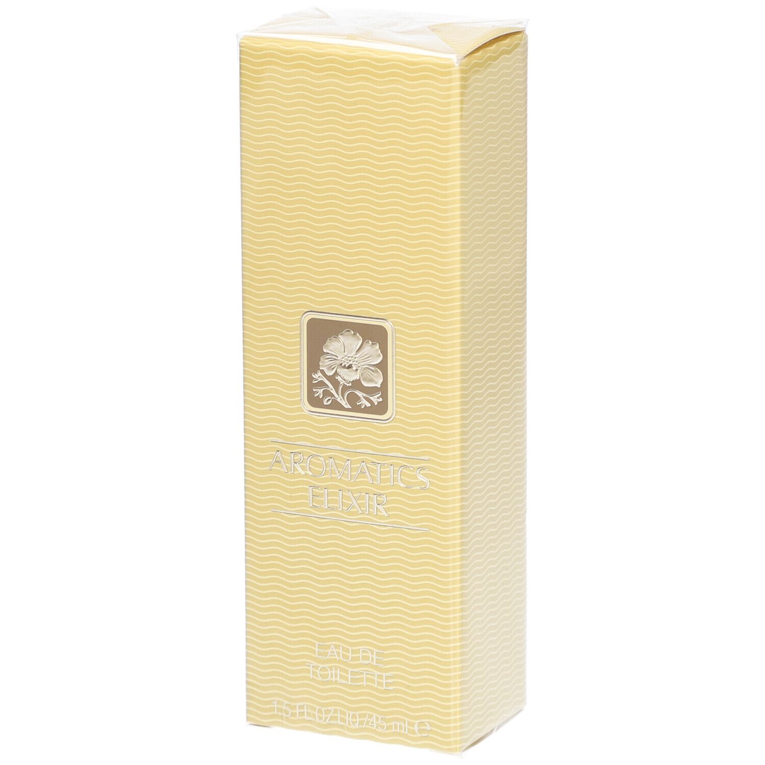 Boîte rectangulaire jaune avec motif ondulé. Inscription: Aromatics Elixir Eau de Toilette. Logo floral.