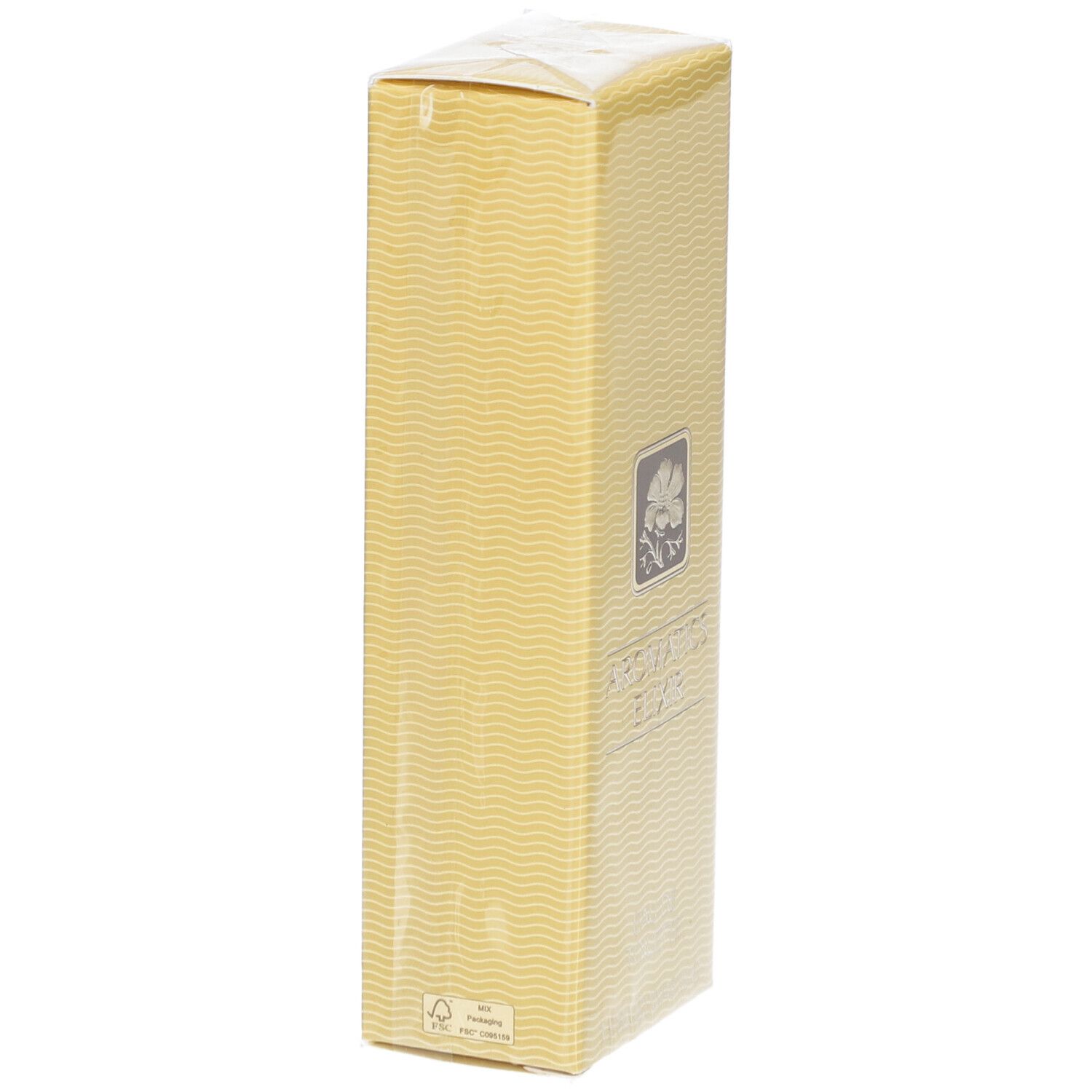 Boîte rectangulaire jaune avec motif ondulé, emballée dans du film transparent. Logo floral.