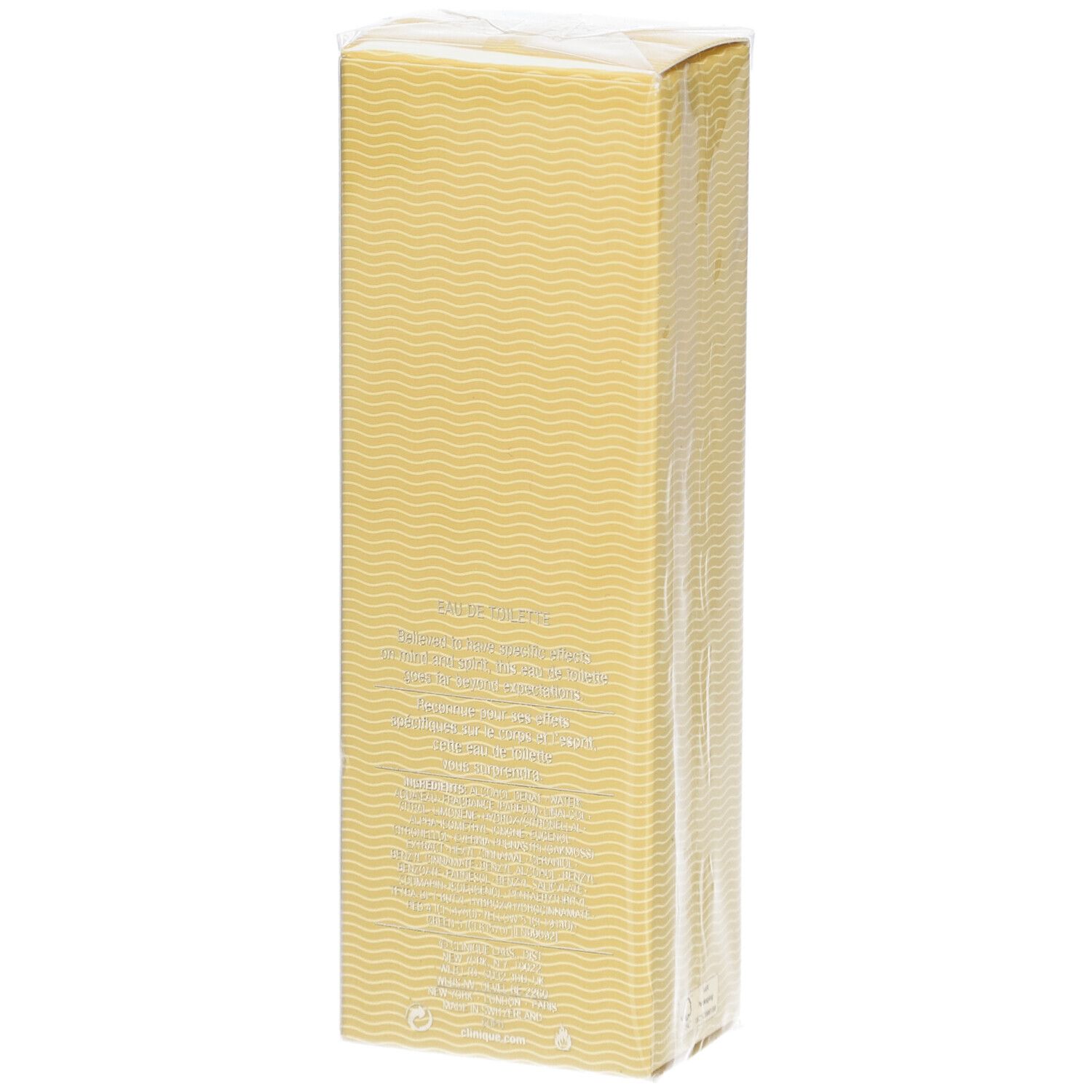 Boîte rectangulaire jaune avec motif ondulé, emballée dans du film. Texte au dos.