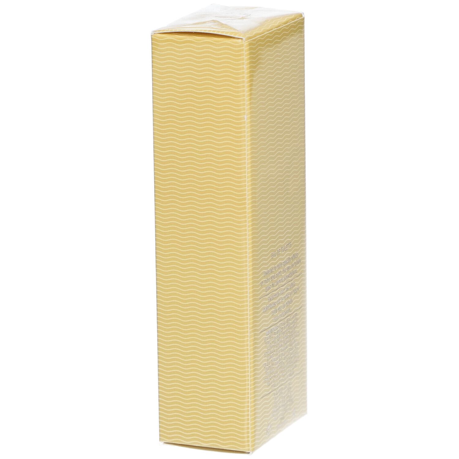 Boîte rectangulaire jaune avec motif ondulé, emballée dans du film.