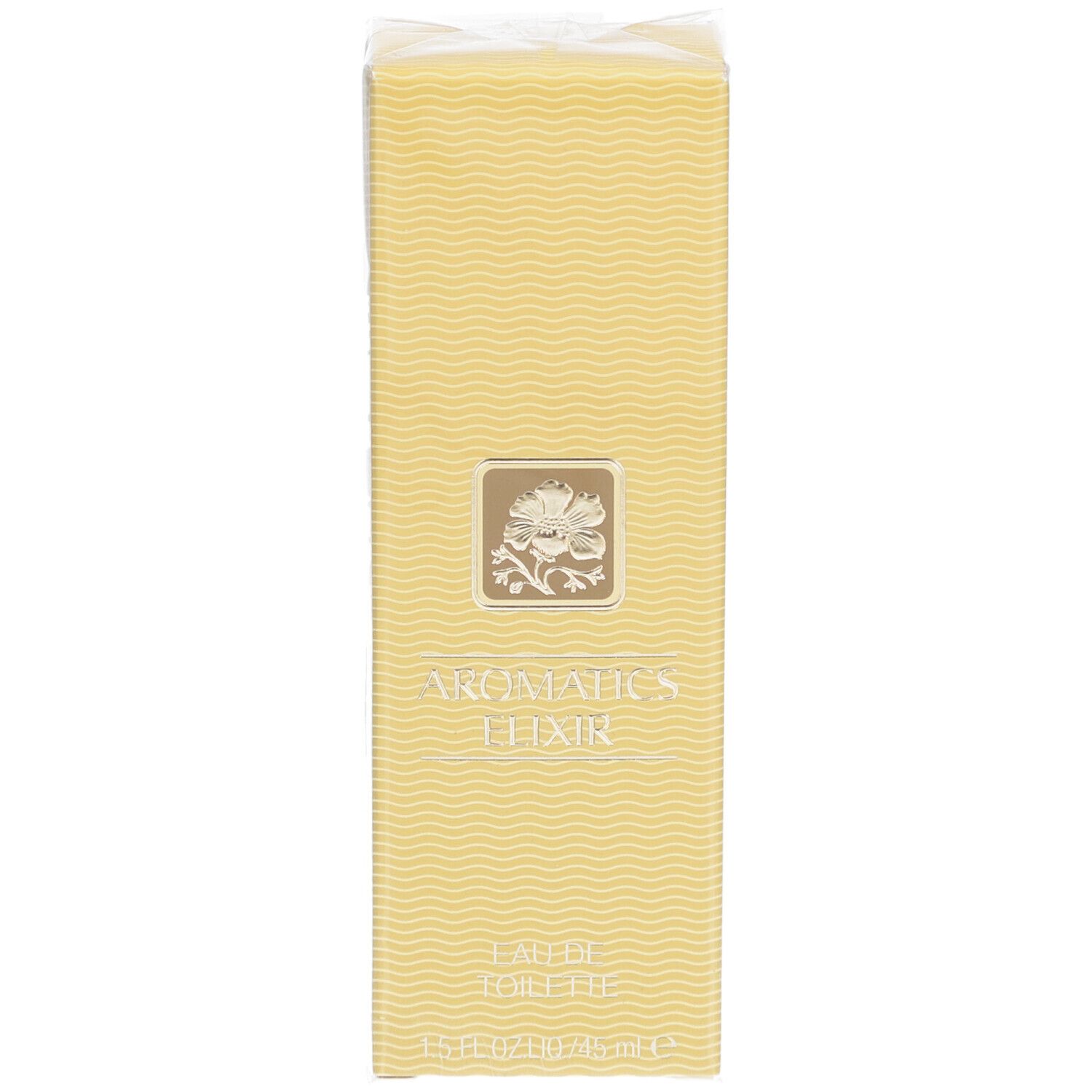 Boîte rectangulaire jaune avec motif ondulé. Inscription: Aromatics Elixir Eau de Toilette. Logo floral.