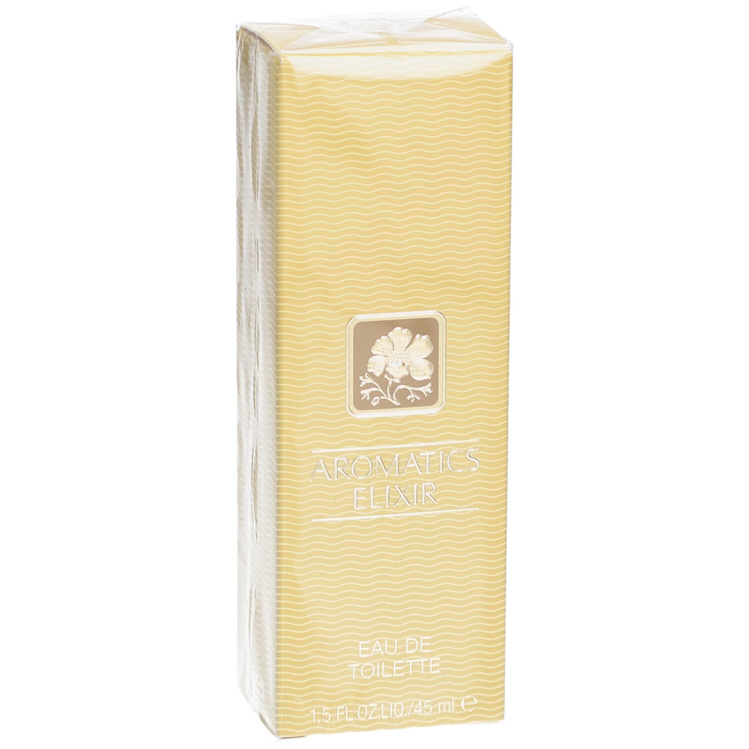 Boîte rectangulaire jaune avec motif ondulé, emballée dans du film. Inscription: Aromatics Elixir. Logo.
