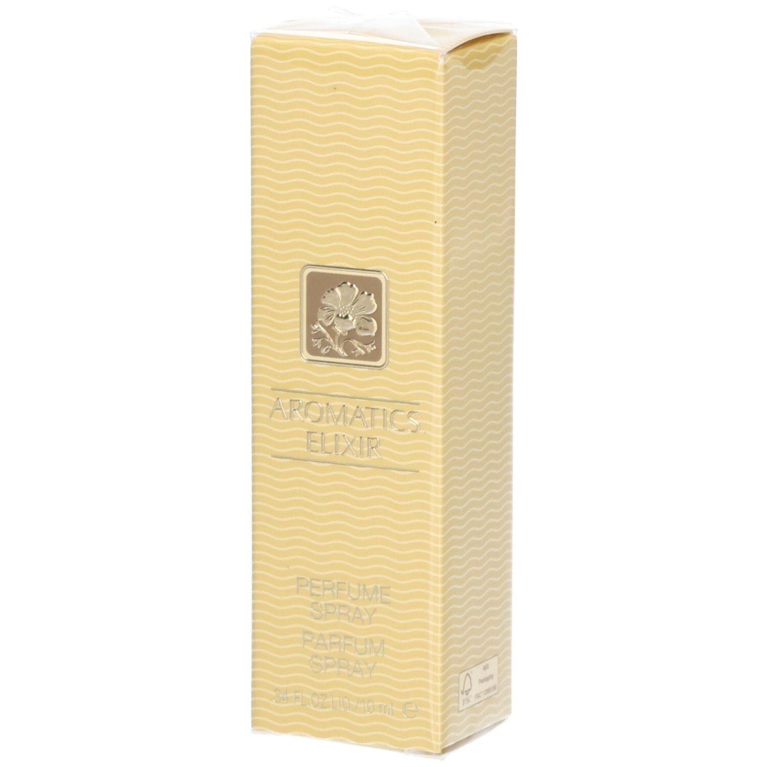 Emballage pour Clinique Aromatics Elixir Parfum Spray, motif ondulé et emblème floral.