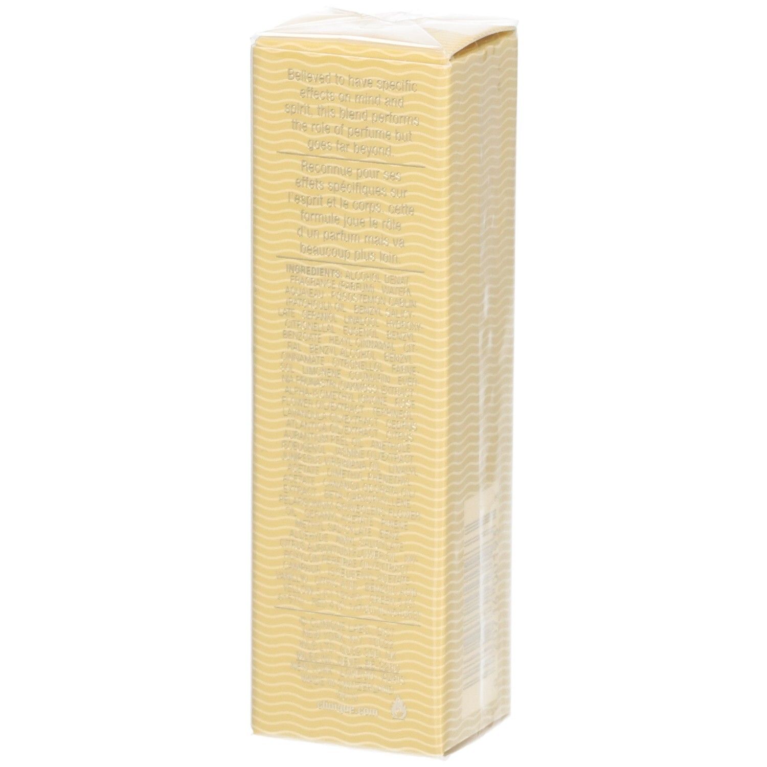 Côté de l'emballage pour Clinique Aromatics Elixir Parfum Spray avec ingrédients et motif ondulé.