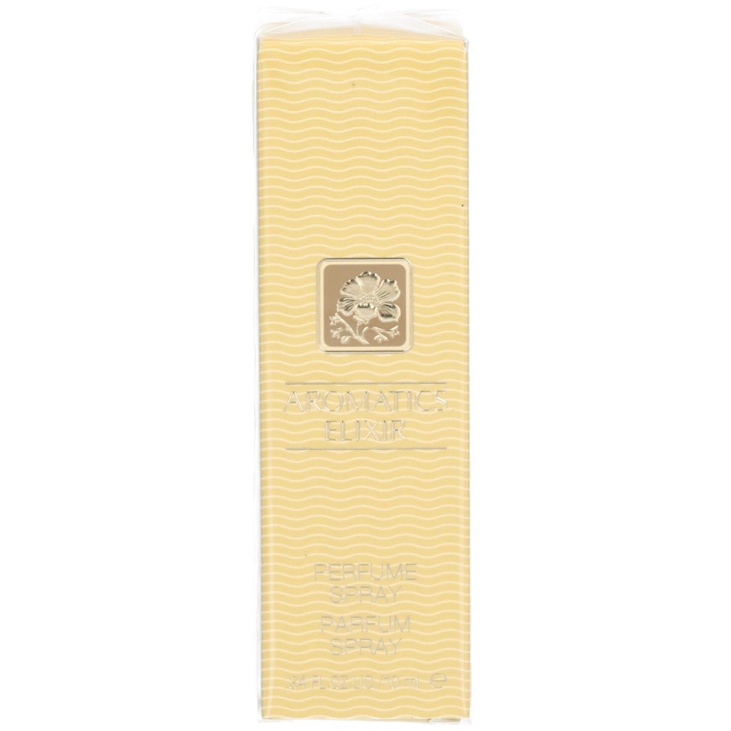 Emballage pour Clinique Aromatics Elixir Parfum Spray, face avant avec motif ondulé et emblème.