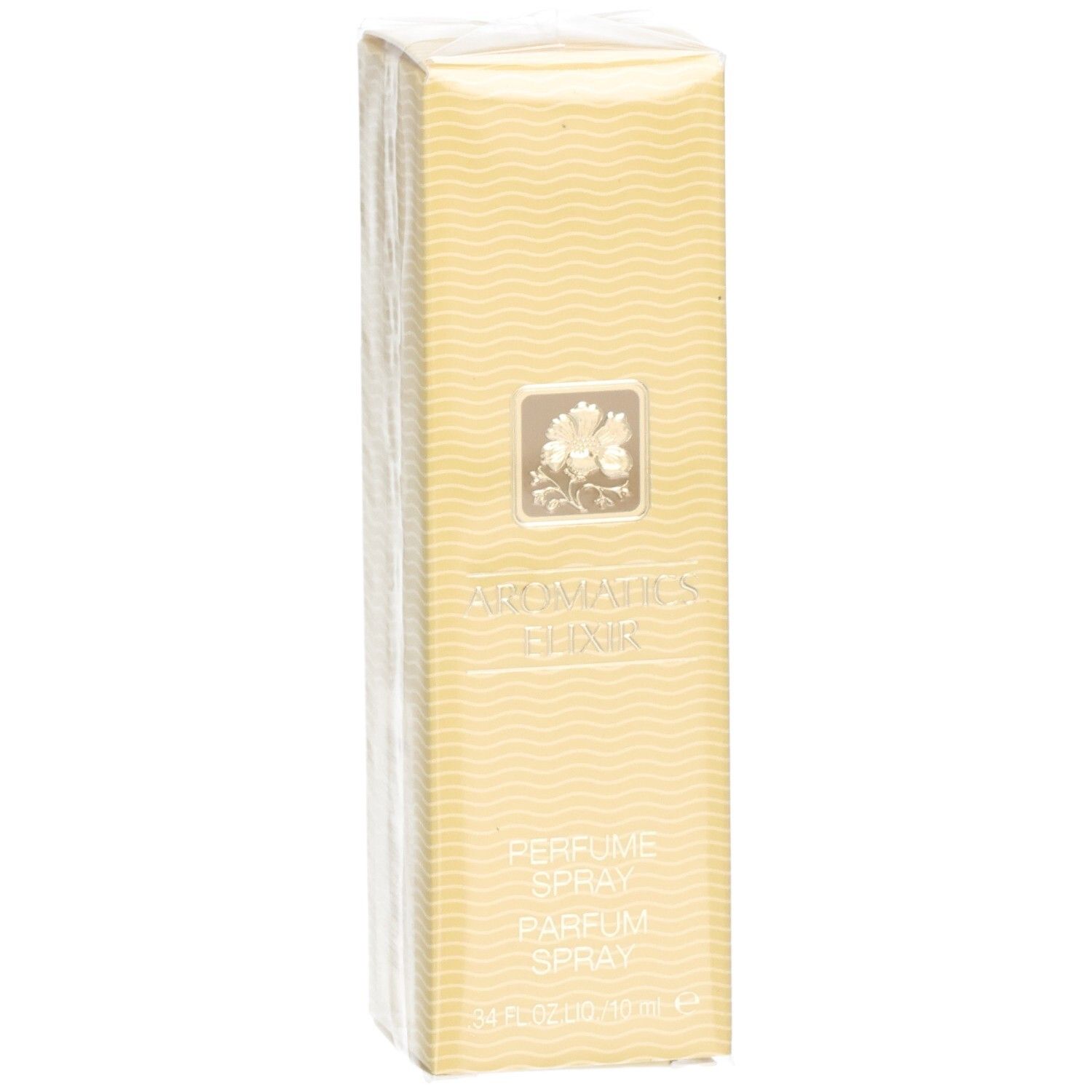 Emballage pour Clinique Aromatics Elixir Parfum Spray, légèrement ouvert, avec motif ondulé.