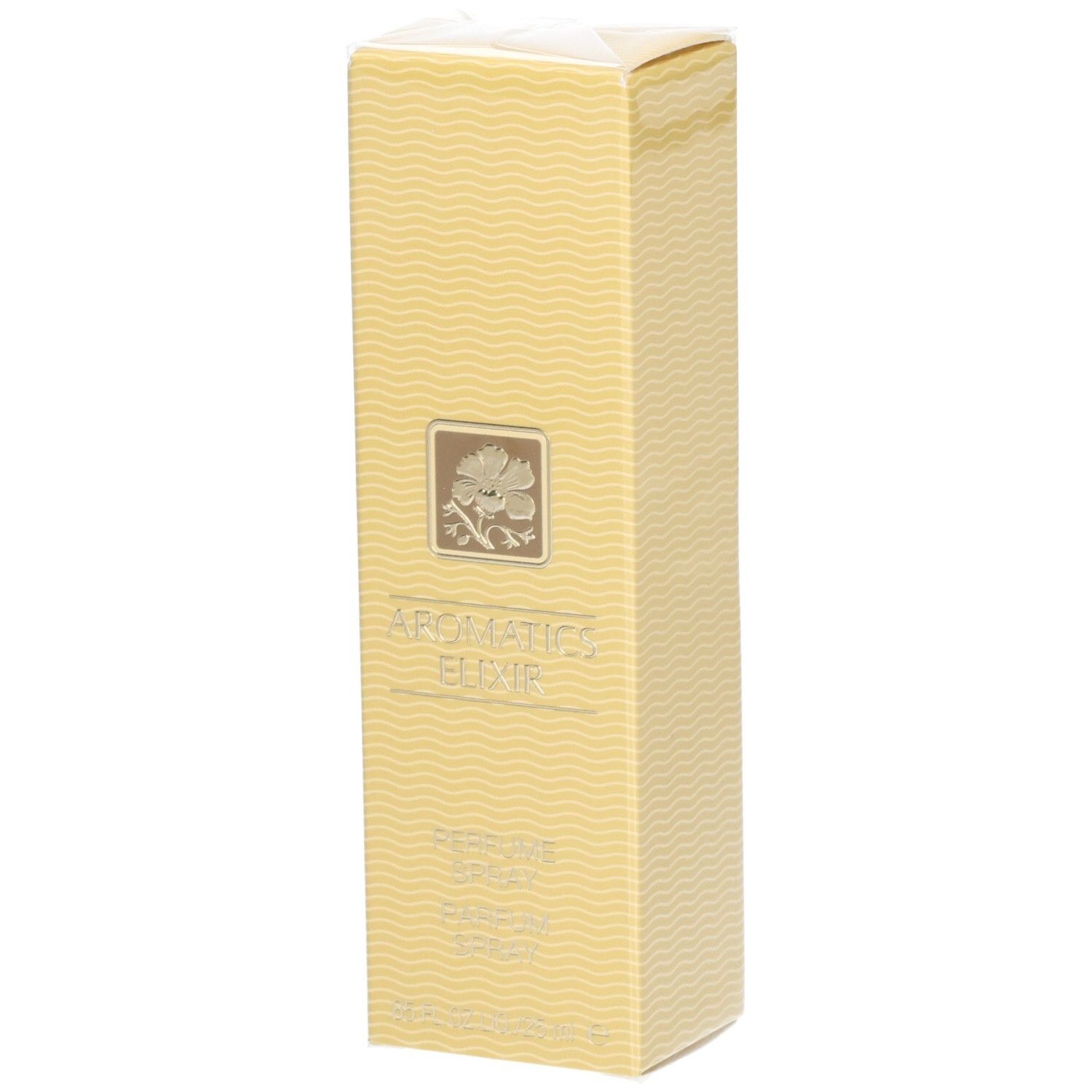 Emballage Aromatics Elixir Parfum Spray avec motif ondulé et emblème floral.