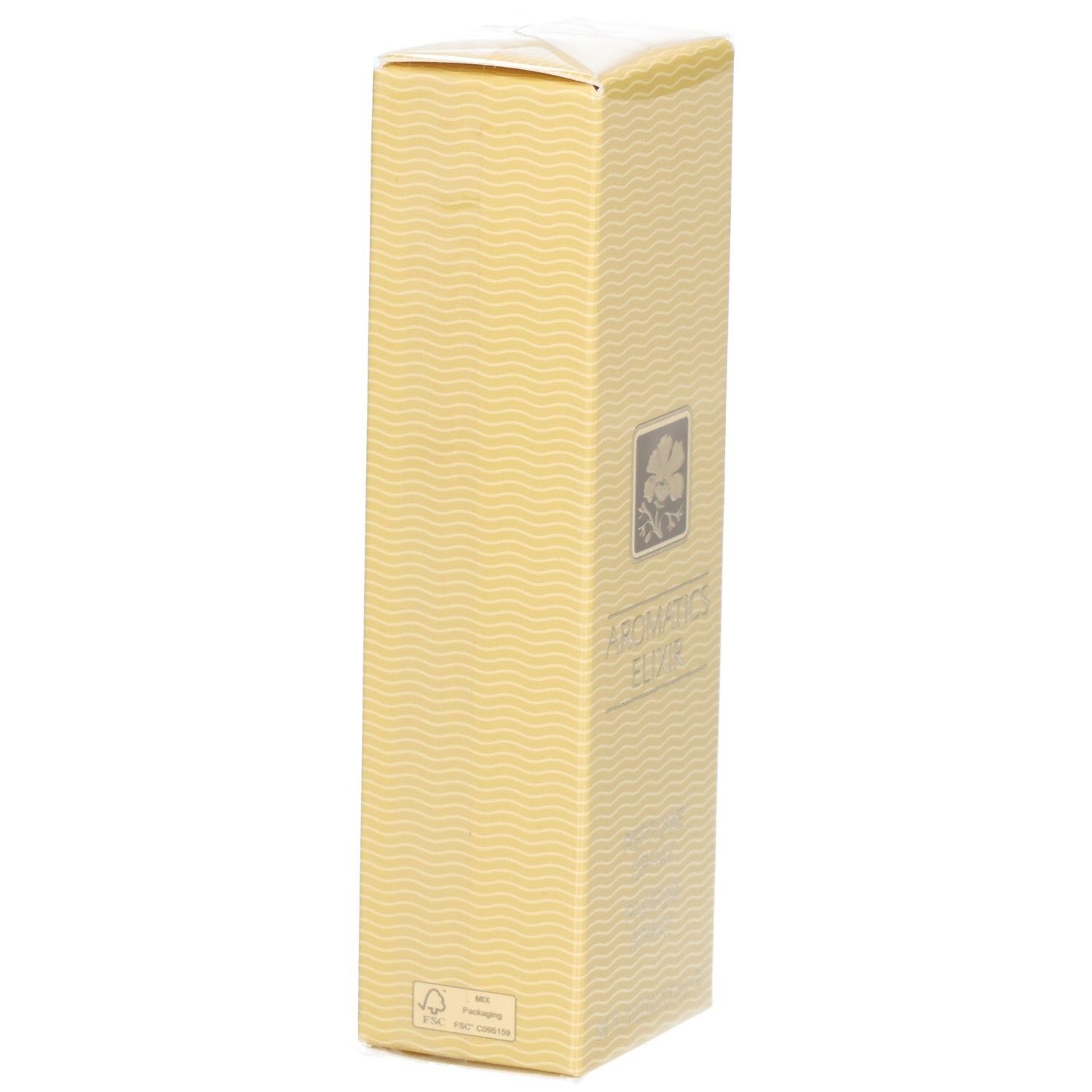Emballage Aromatics Elixir Parfum Spray avec motif ondulé, emblème floral et logo FSC.