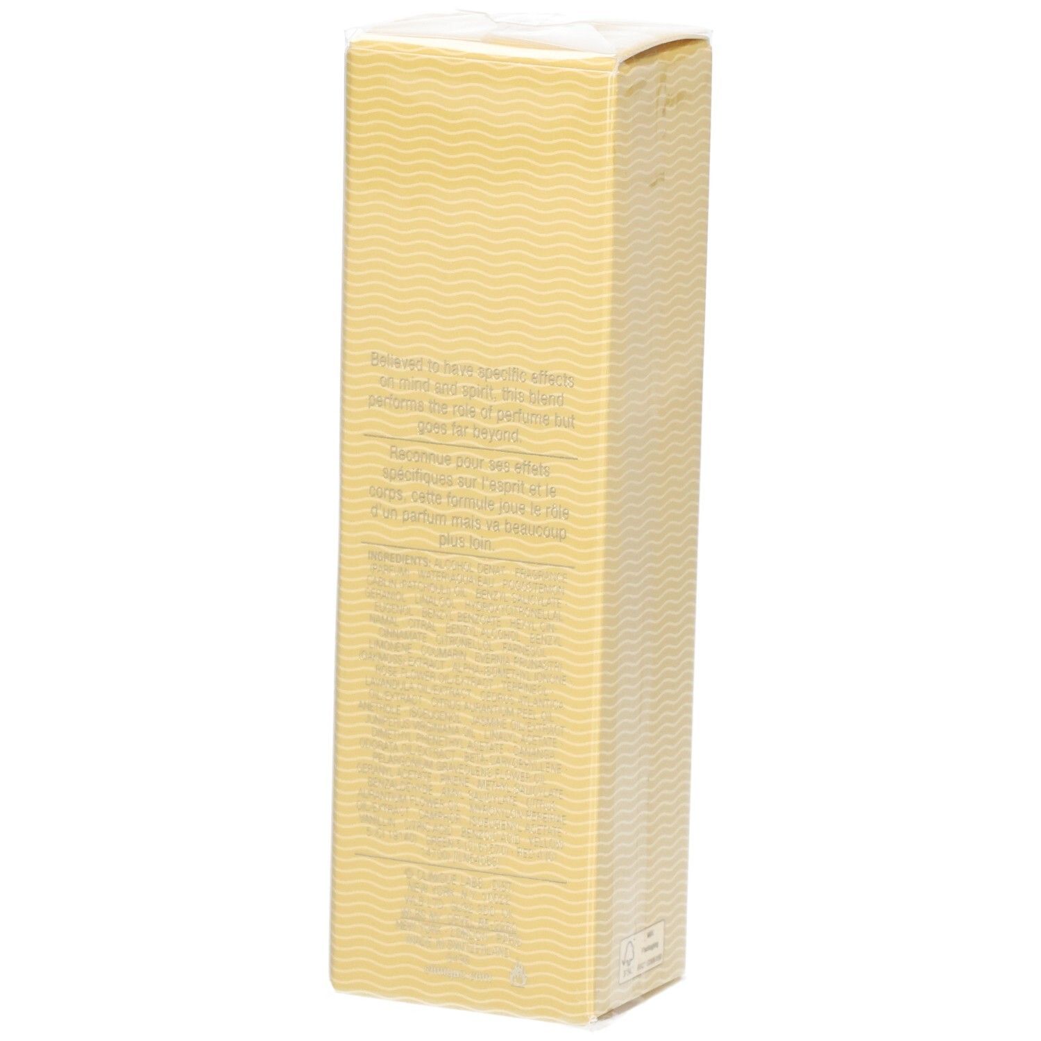 Arrière de l'emballage Aromatics Elixir Parfum Spray avec informations produit et motif ondulé.